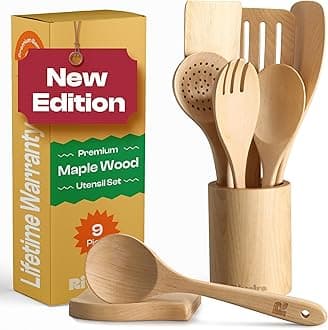 Riveira Maple Wooden Spoons for Cooking Set of 9 – Natural Maple Wooden Cooking Utensils, Wooden Spatula, Wooden Spoon - Premium Quality Wooden Utensil Set for Non-Toxic Cooking