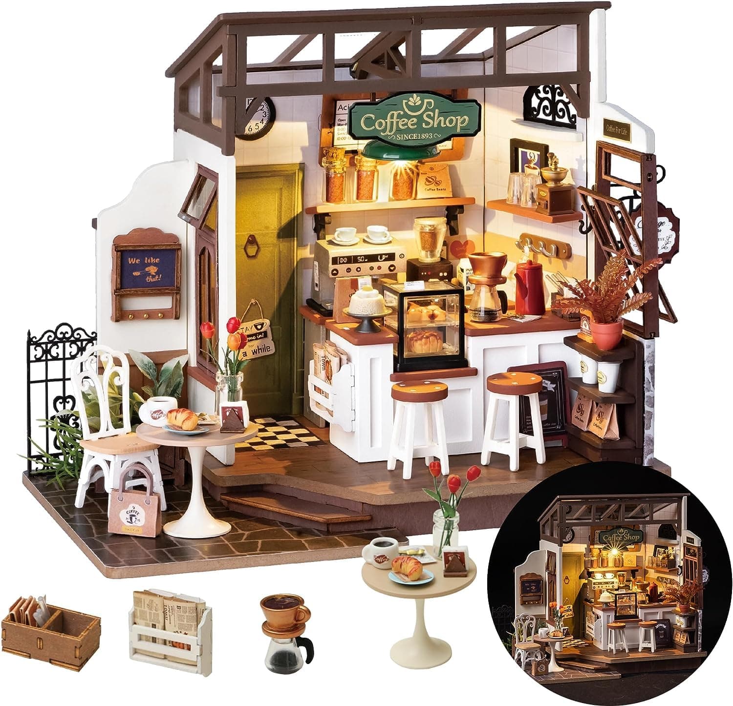 DIY Miniature House Kit Flavory Coffee Shop, Tiny House Kit for Adults to Build, Mini House Making Kit with Furnitures, Halloween/Christmas Decorations/Gifts for Family and Friends (NO.17 Café)