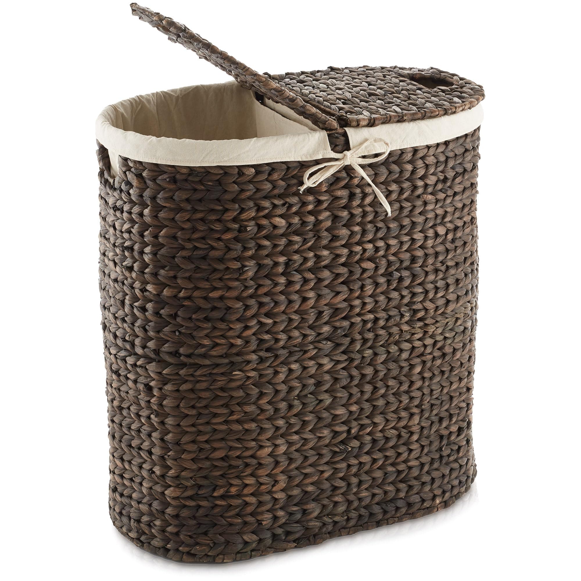 Casafield Oval Laundry Hamper with Lids and Removable Liner Bags - Espresso Dark Brown, Woven Water Hyacinth 2-Section Laundry Basket Clothes Sorter