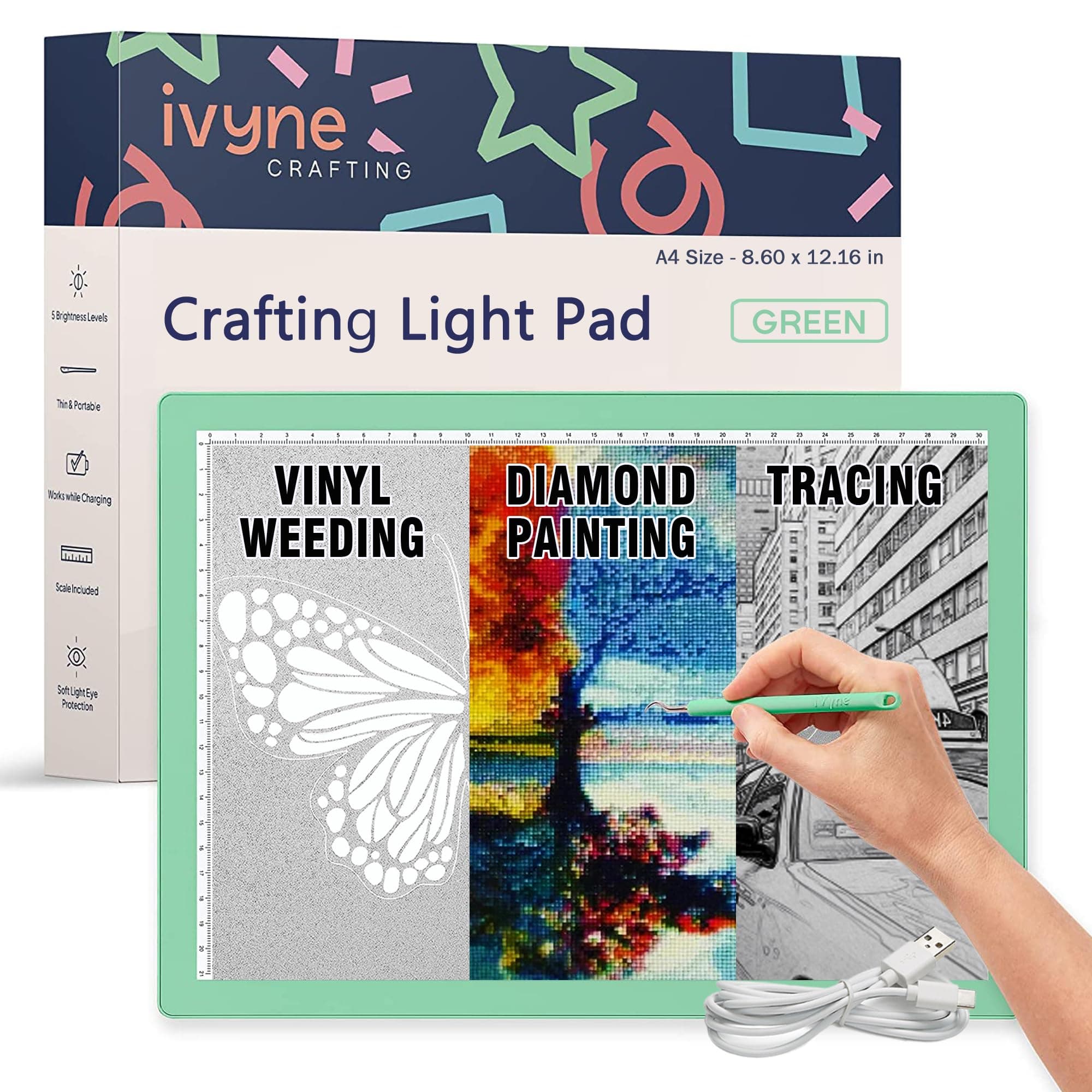 iVyne Corded Light Pad for Weeding Vinyl - A4 Light Box for Drawing - Light Board for Tracing - Light Box for Diamond Painting, Weeding Vinyl, Sketching, Tracing (Green)