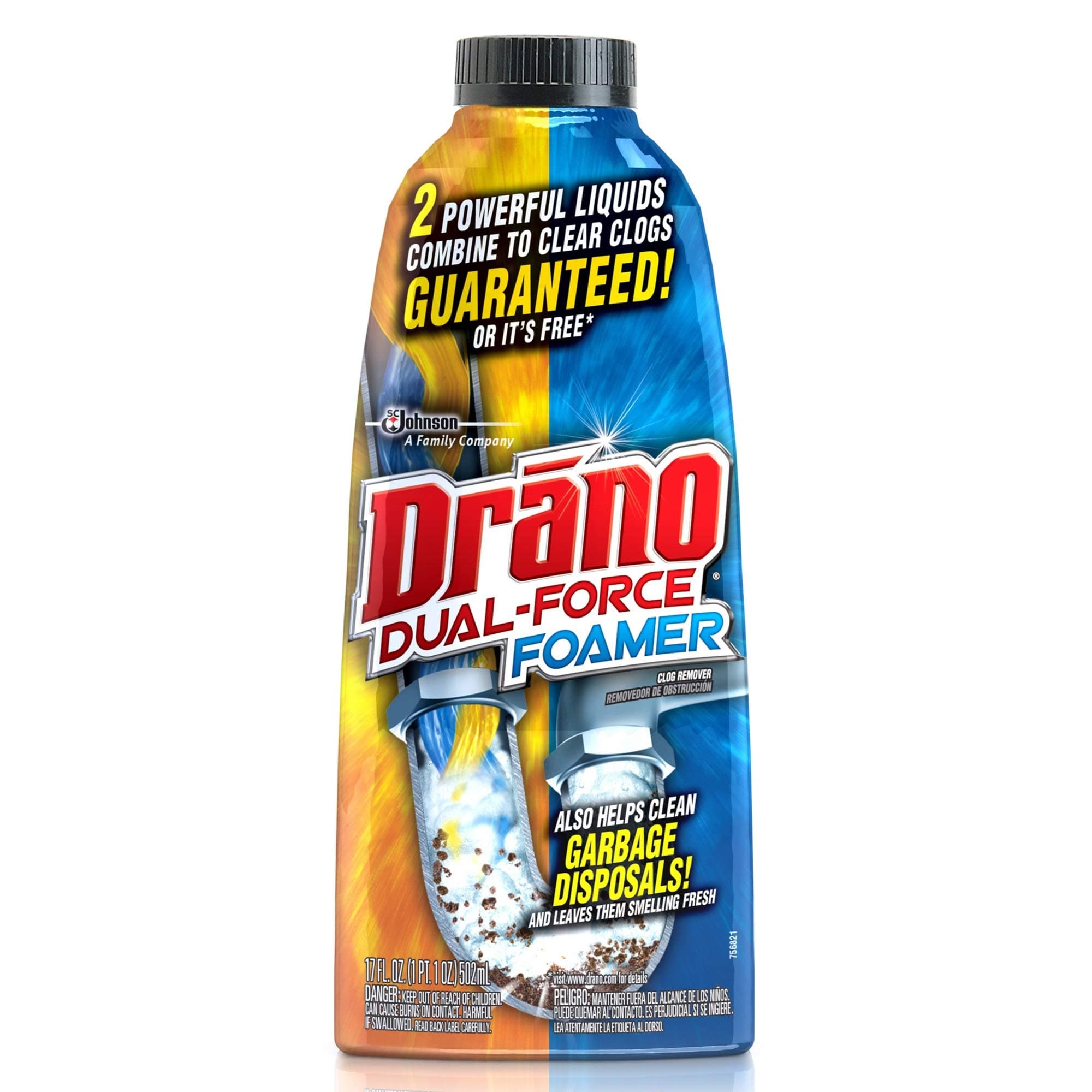 Drano Dual-Force Foamer Drain Clog Remover and Cleaner for Shower or Sink Drains, Unclogs and Removes Sources of Odor, 17 Fl Oz