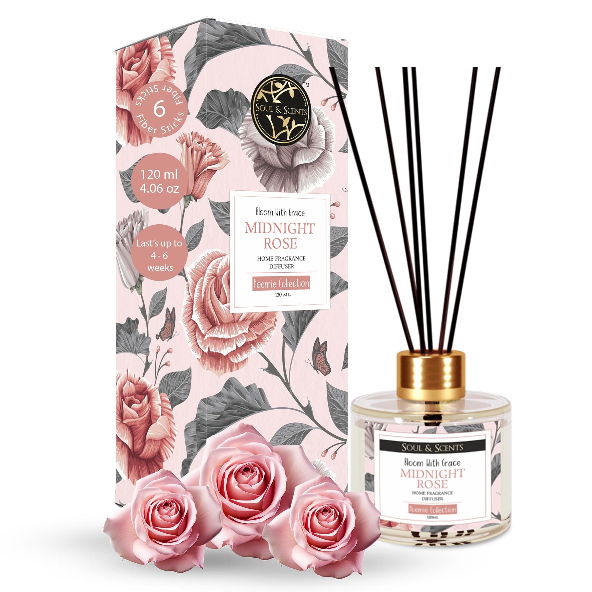 Soul & Scents Classicrose Reed Diffuser Set | Free 6 Fiber Reed Sticks |Toxin Free & Stress Relief | Fine-Living Natural Fragrance, 120 ml (Pack of 1, Tranparent)