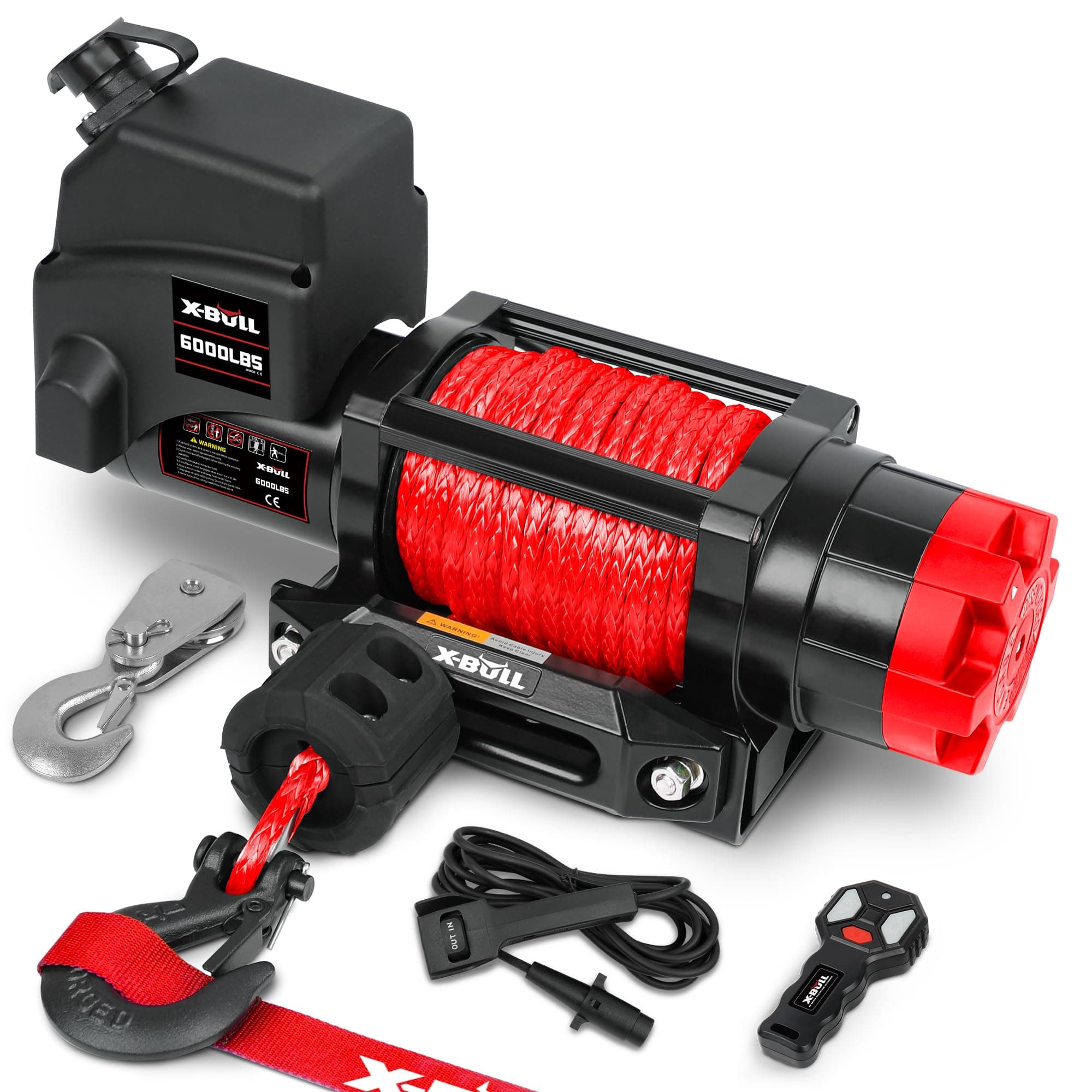 Winch 12v 6000lbs Boat Trailer Winch with Remote Synthetic Rope 1/4 in x 55 ft Hook Wireless Remote Handlebar Switch, Automatic Braking, Waterproof, for ATV UTV Powersports Off Road