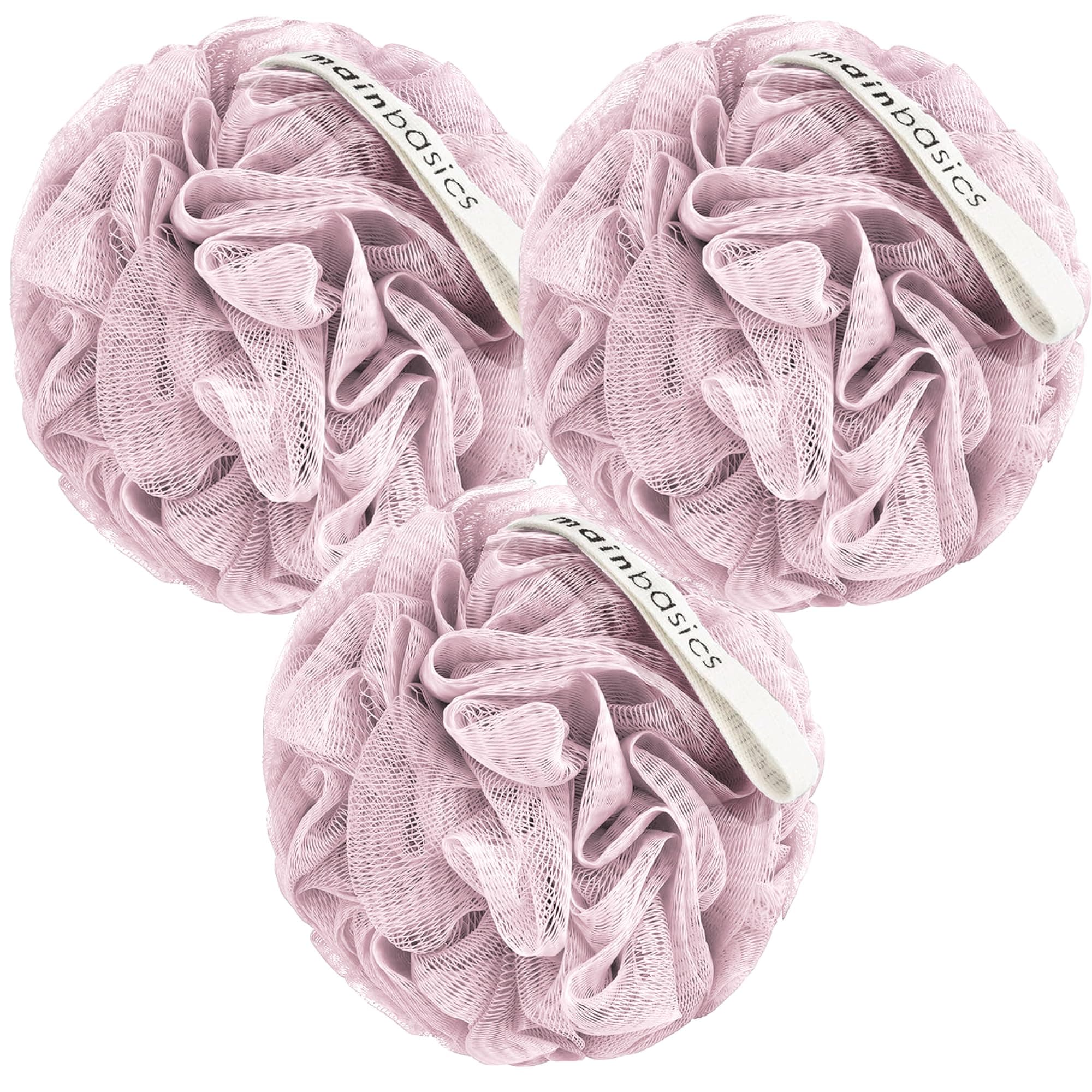 MainBasics Bath Shower Loofah Sponge Pouf Body Wash Scrubber (Set of 3) (Perfectly Pink)