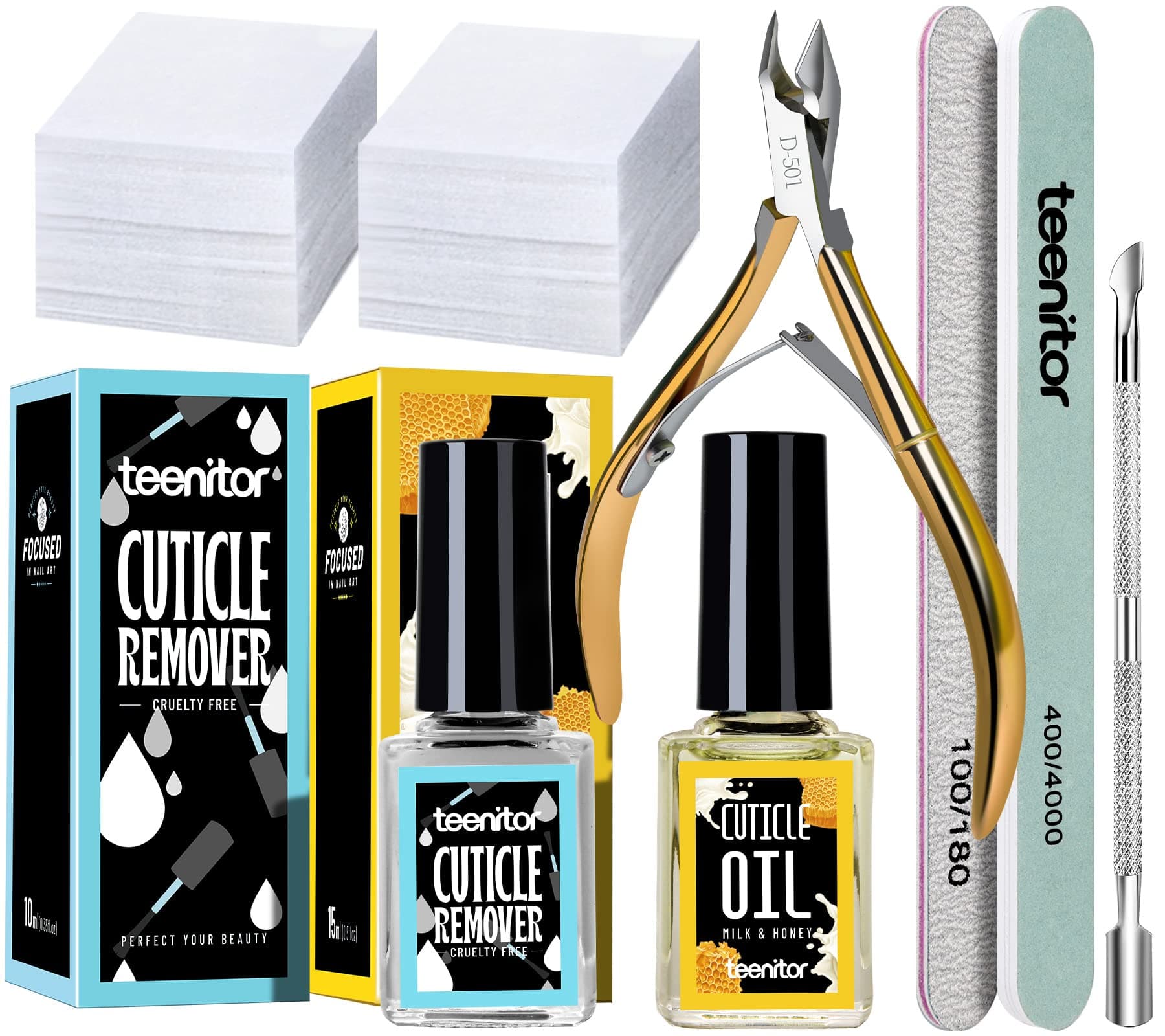 Cuticle Remover Tools Set with Cuticle Trimmer,Cuticle Pusher, Cuticle Softener and Remover, Cuticle Oil, Nail File Buffer, Cuticle Nipper