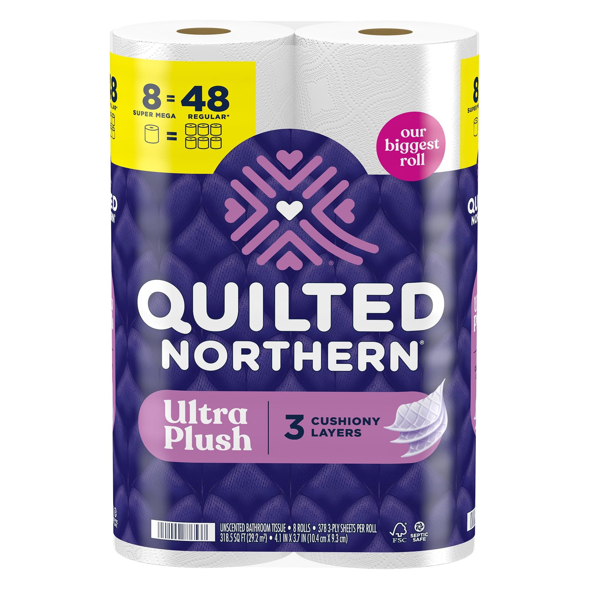 Ultra Plush Toilet Paper, 8 Super Mega Rolls = 48 Regular Rolls, 3X Thicker*, 3 Ply Soft Toilet Tissue