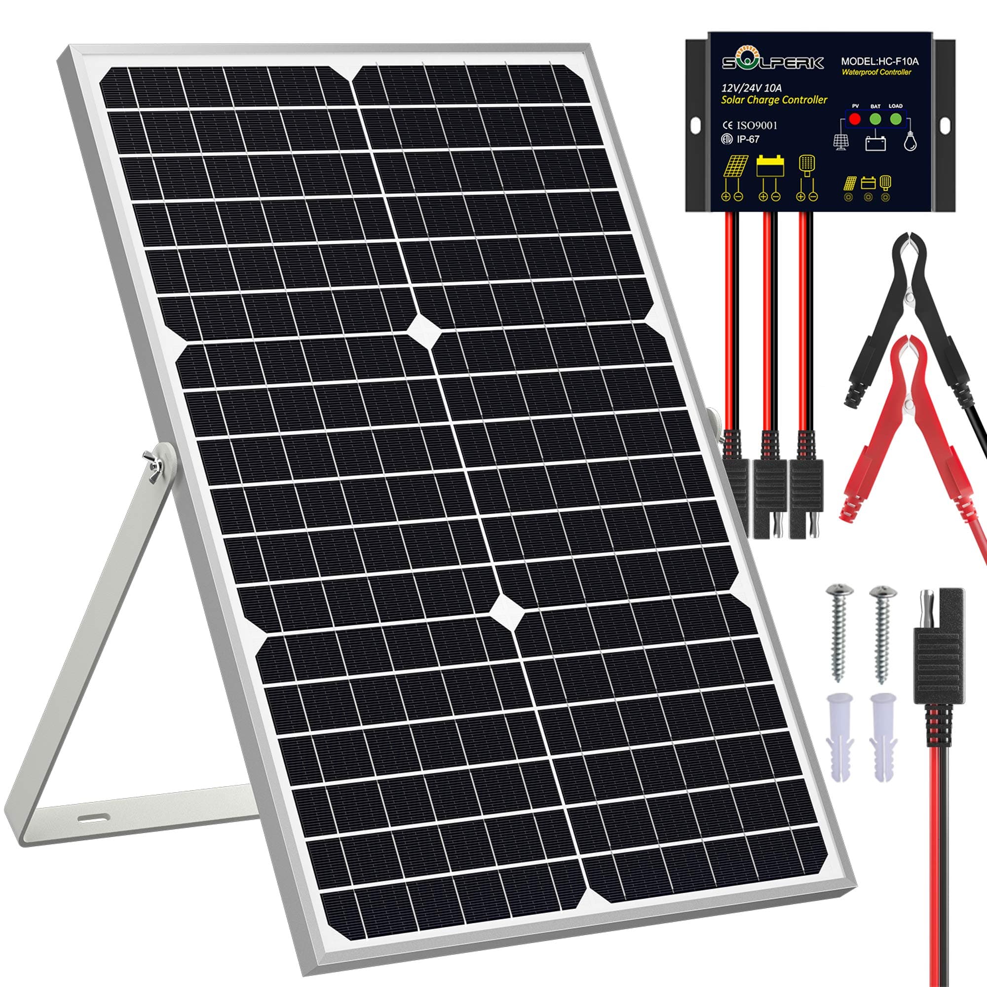 SOLPERK Solar Panel Kit 30W 12V, Waterproof Solar Battery Trickle Charger Maintainer + Upgrade Waterproof Controller + Adjustable Mount Bracket for Boat Car RV Motorcycle Marine Automotive