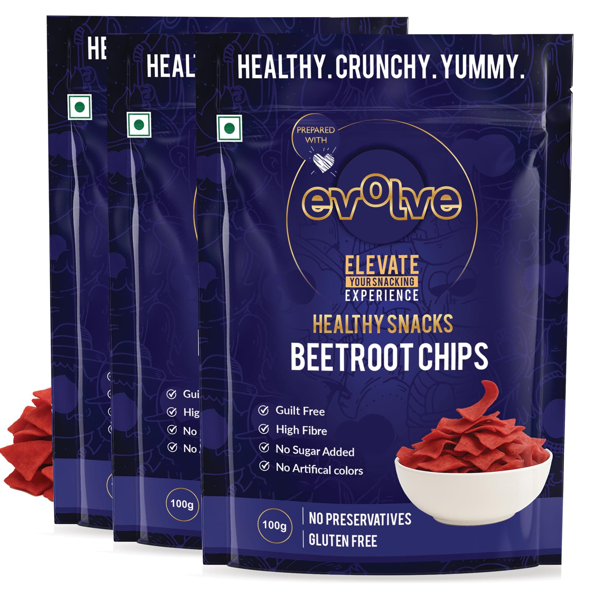 Evolve Beetroot Chips Healthy Snacks for Kids, Adults | Gluten Free, Vacuum Fried, Low Calorie, Vegan | No Additives, Ready to Eat, Masala Flavor - 100g Pack of 3