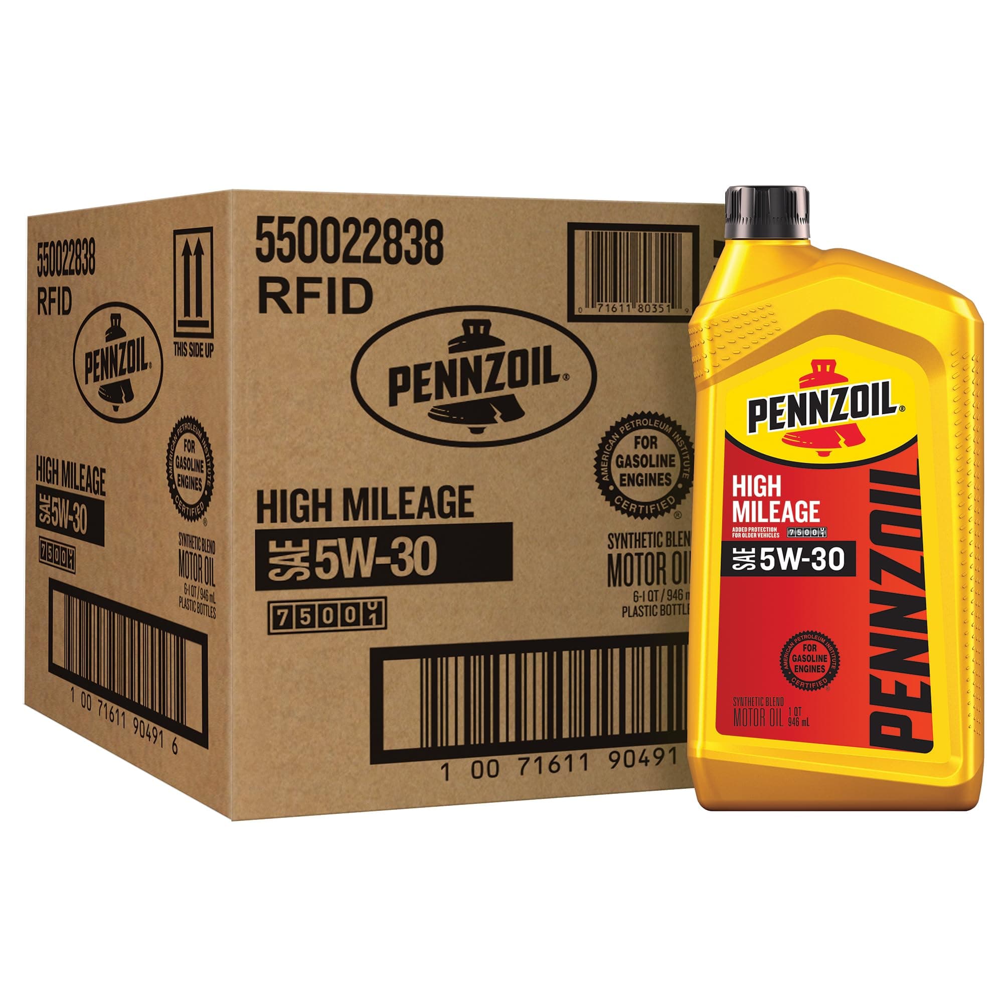 Pennzoil High Mileage 5W-30 Motor Oil, 1 Quart (6 Pack)
