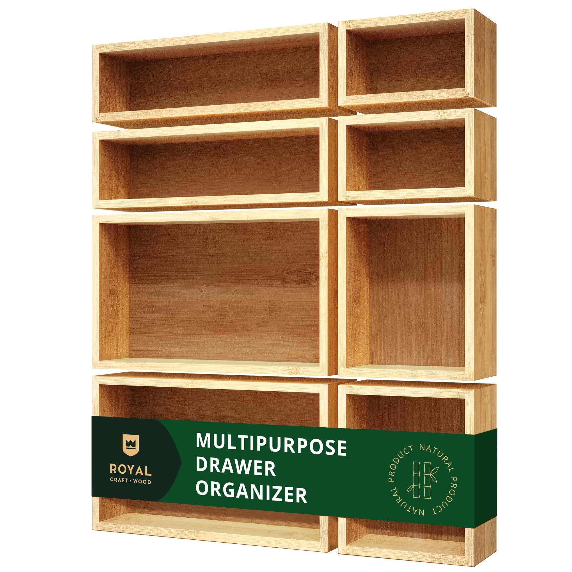 ROYAL CRAFT WOOD Bamboo Drawer Organizer Storage Box/Bin Set - Multi-Use Drawer Organizer for Kitchen, Bathroom, Office Desk, Makeup, Jewelry… (8 Boxes)