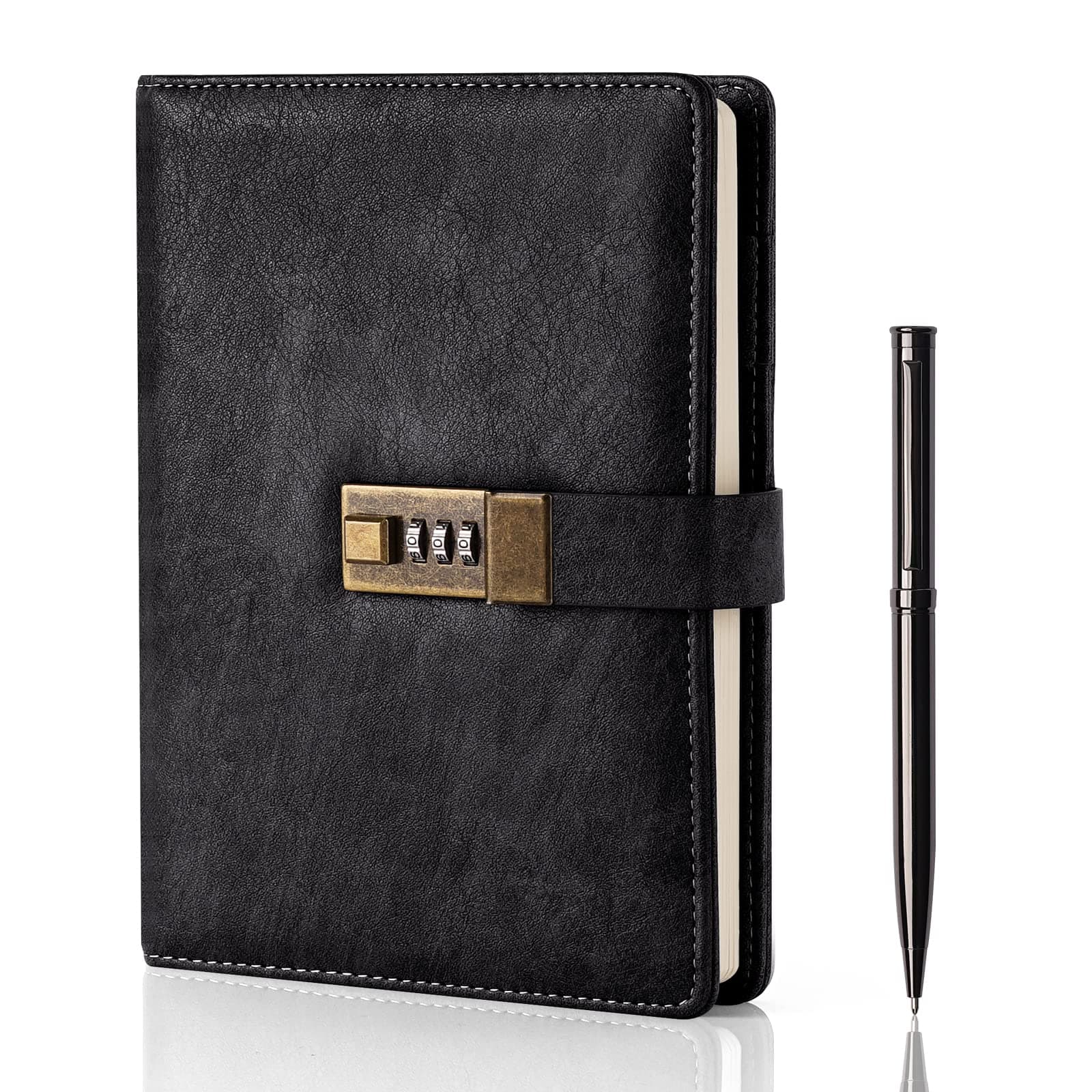 WEMATE Diary with Lock, A5 PU Leather Journal with Combination Lock, Vintage Lock Journal Password Protected Notebook with Pen & Gift Box, Lock Diary Planner Organizer for Women Men, 8.6x5.8in, Black