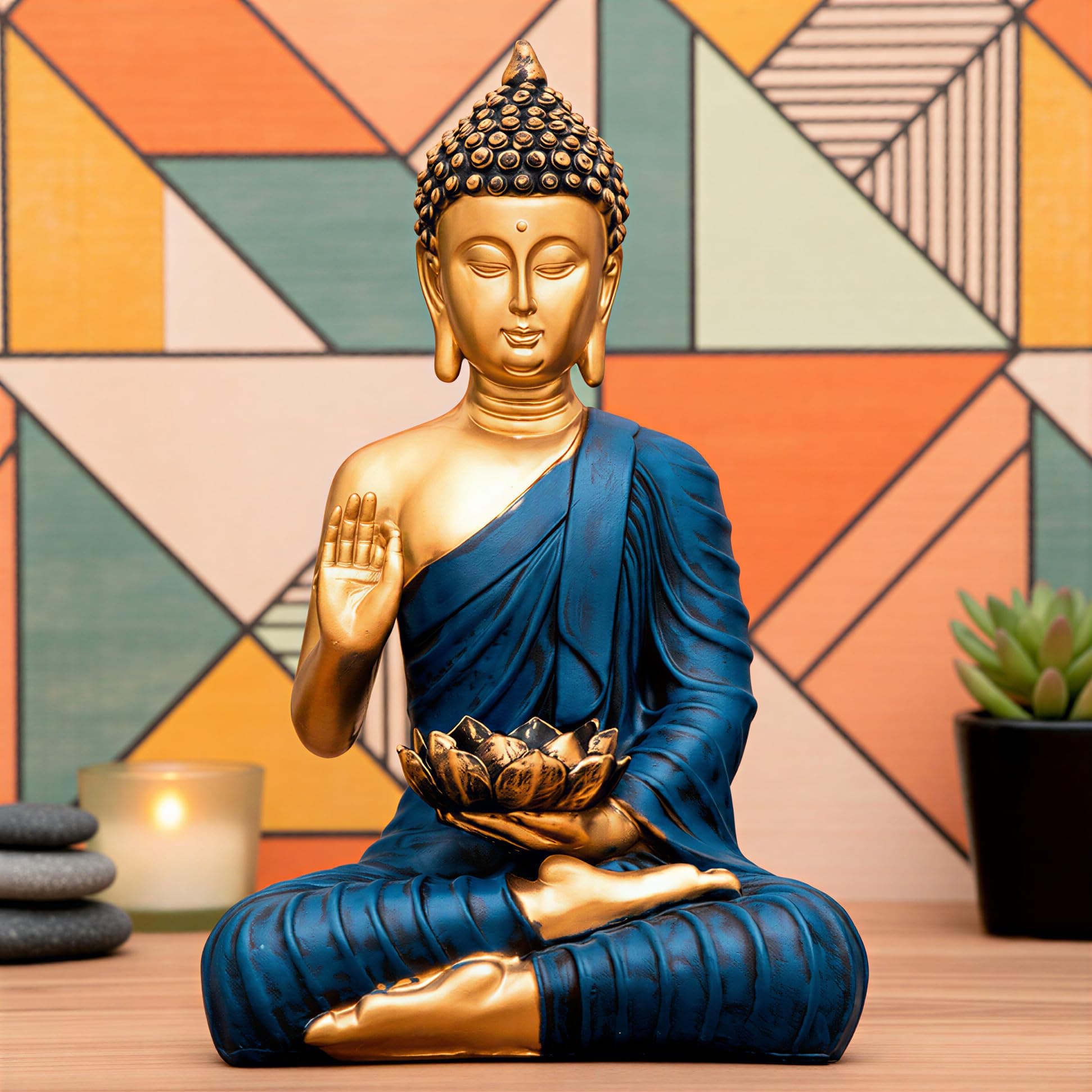New Sitting Buddha Statue showpiece Idol Home Decor Items for Living Room and Gifts (Blue Golden)