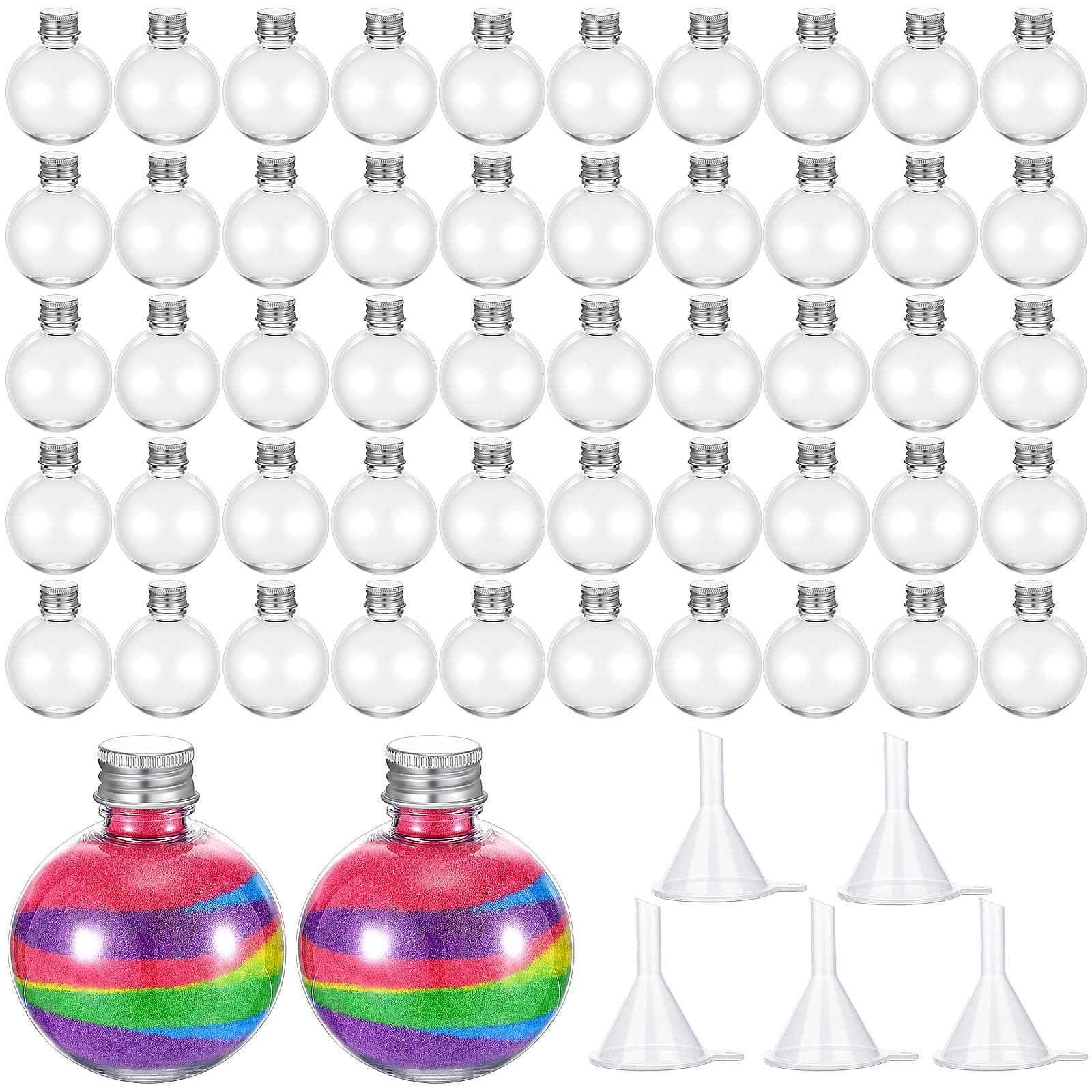 Hsei 50 Pcs Plastic Sand Art Bottles with caps and 5 Small Funnels Sand Art Containers Kits for Kids Craft DIY Art Activity Group Wedding Birthday Party Gift Party Favor, Without Sand(Round Bulb)