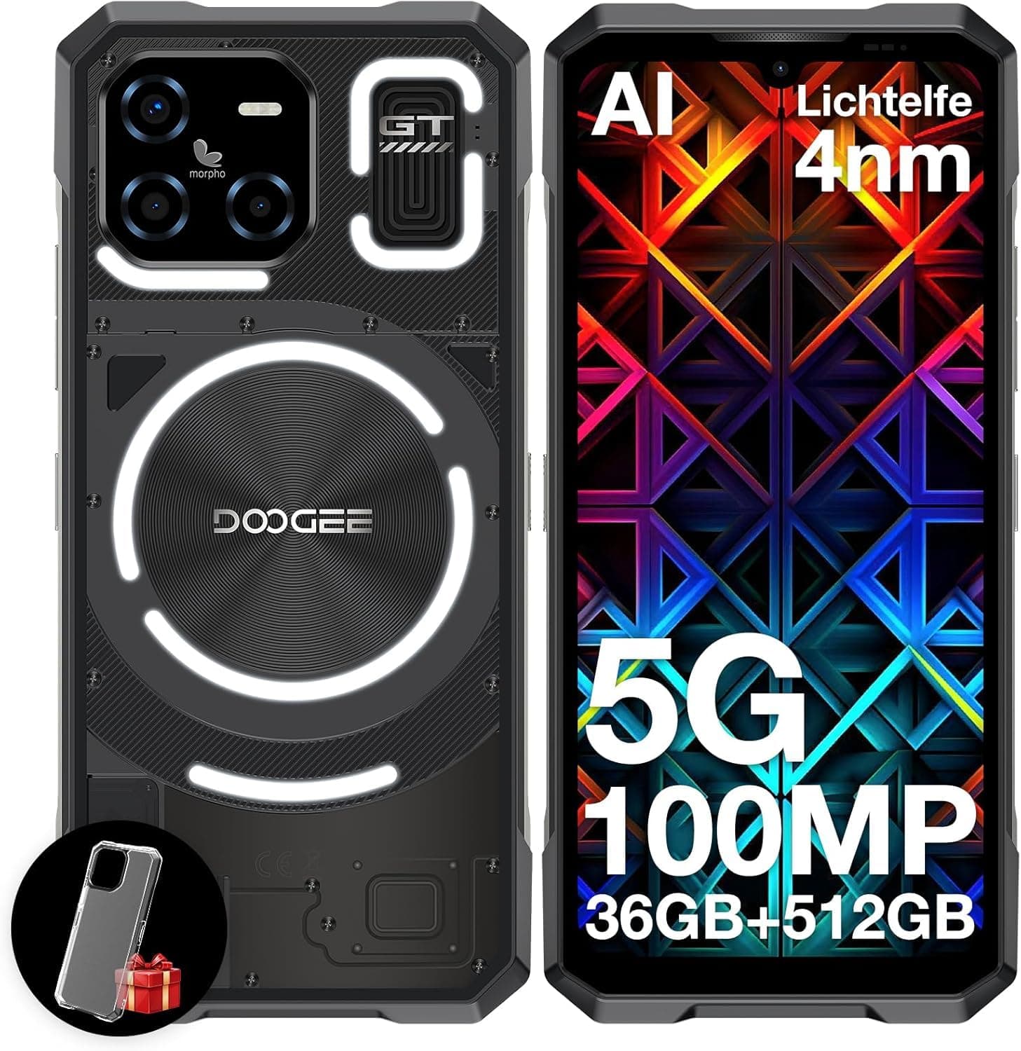 DOOGEE Blade GT Ultra 5G Rugged Smartphone with LED Light Effect, 36GB+512GB/2TB DDR5 Rugged Phone,4nm Dimensity D7300,6.72" FHD+120Hz, AI 100+32MP Android 14 Gaming Phones,Face & Finger ID/WIFI6