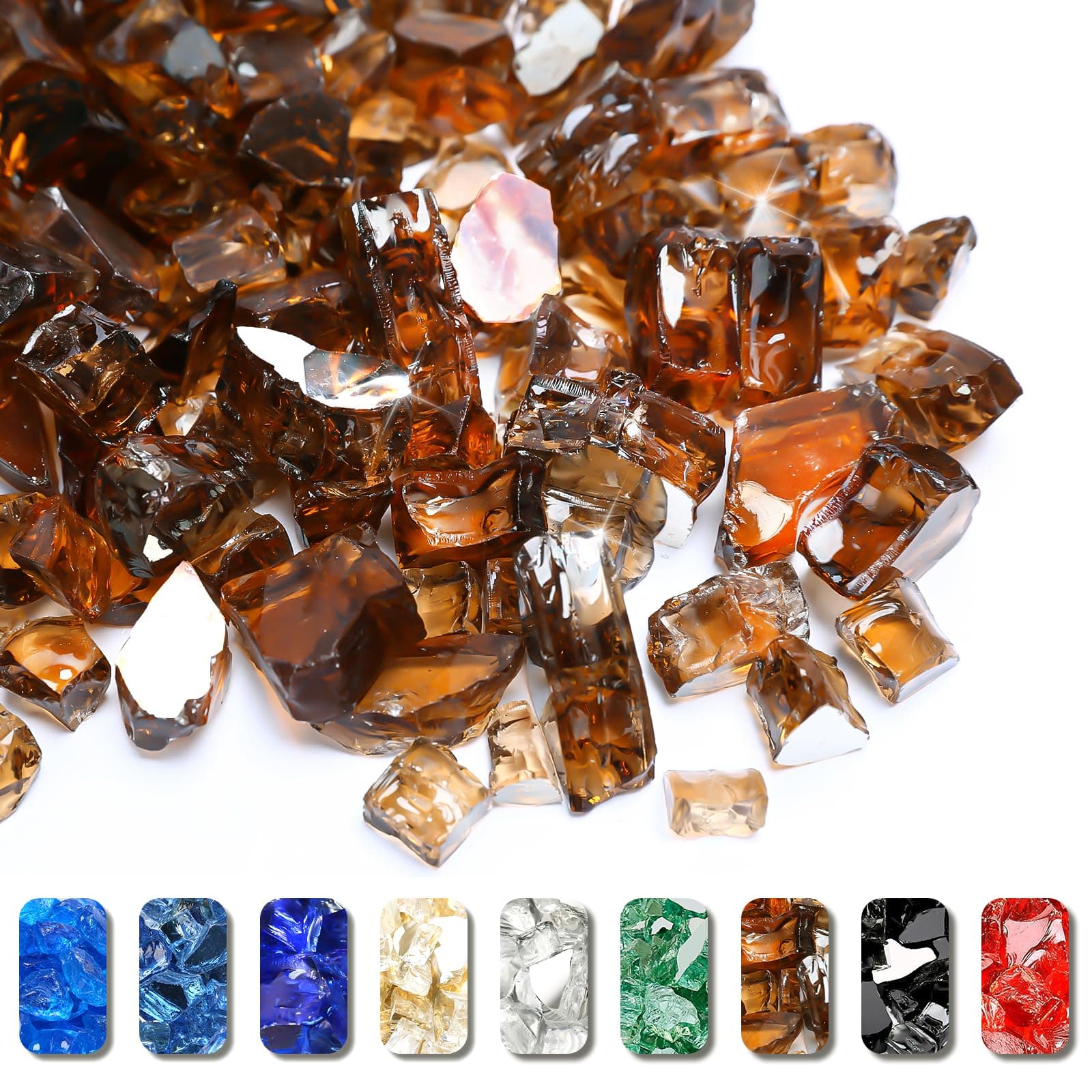 Grisun Copper Fire Glass for Fire Pit - 1/2 Inch High Luster Reflective Tempered Glass Rocks for Natural or Propane Fireplace, 10 Pounds Safe for Outdoors and Indoors Firepit Glass