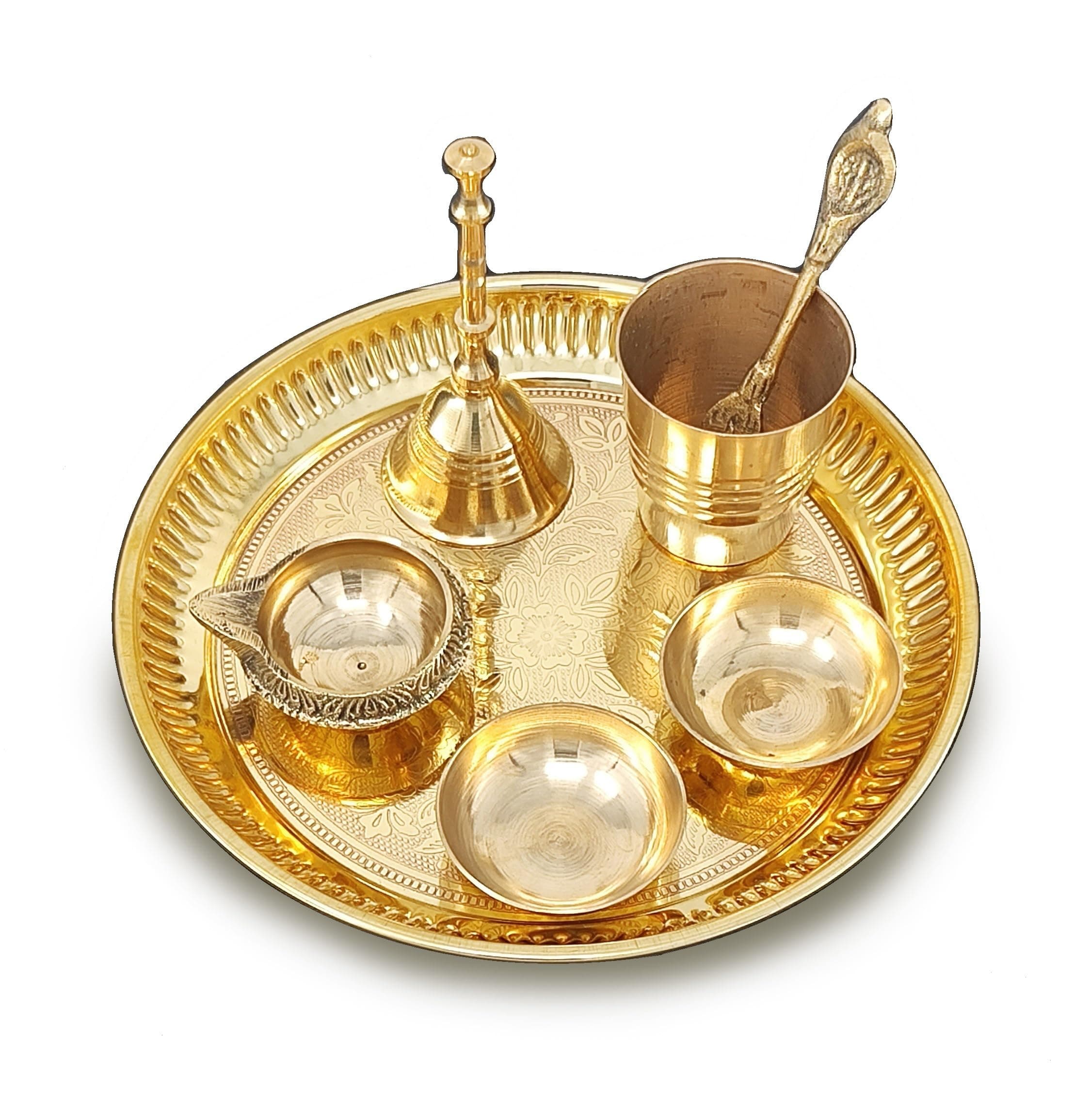 Brass Pooja Thali Set 6 Inch Puja Thali with Pital Plate Glass Pallu Bowl Diya Ghanti Arti Thali for Diwali Home Office Mandir Wedding Return Gift Items