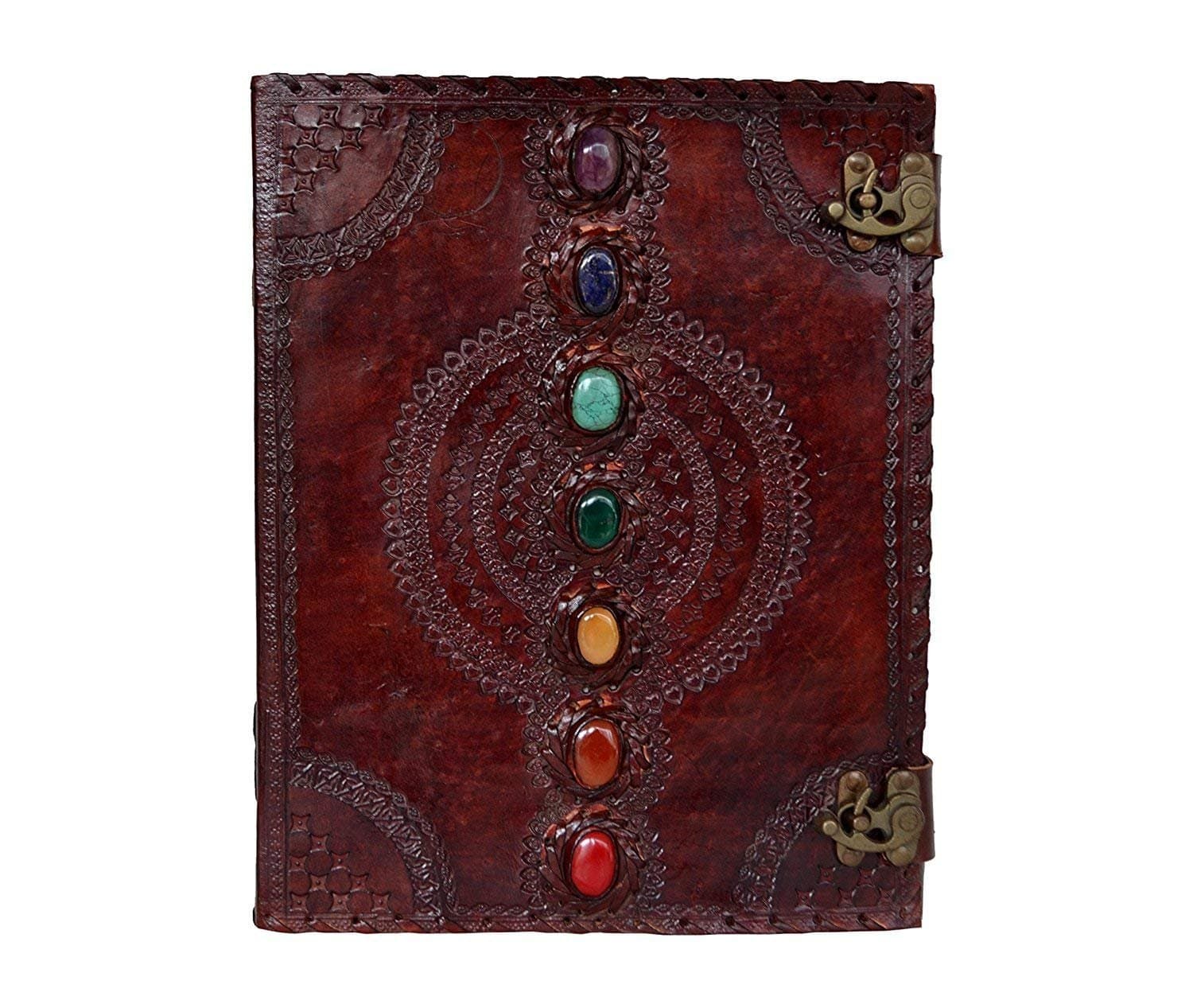 TUZECH Seven Chakra Medieval Stone Embossed Handmade Jumbo Leather Journal Book of Shadows Notebook Office Diary College Poetry Sketch (Brown, 13 Inches)