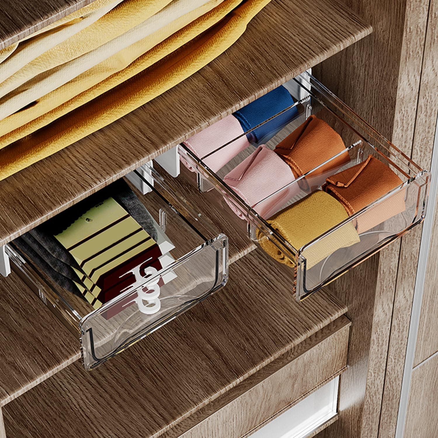 HOKIPO Plastic Drawers for Under Table and Wardrobes. No Drill, No Screw. Self Adhesive Innovative Desk Organizer, 1 Pc SMALL (AR-5165), Transparent