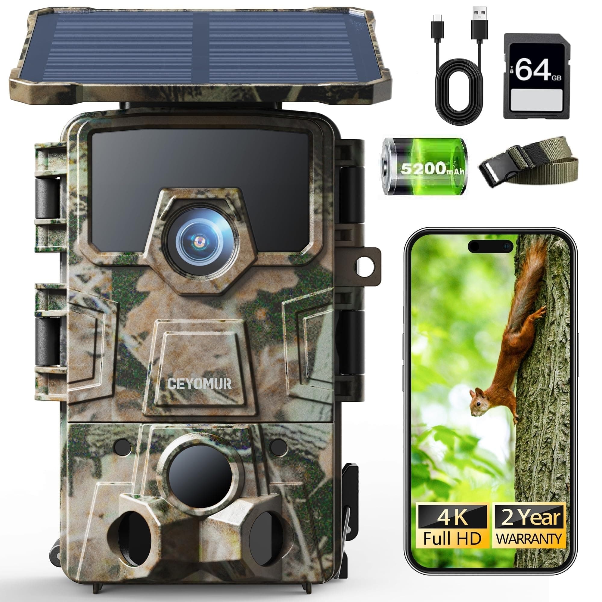 4K UHD Solar Wildlife Camera, WiFi 6 Trail Camera with 5200mAh Lithium Battery Rechargeable, Deer Camera with 64GB SD Card, 120° Detection Angle Night Vision Motion Activated