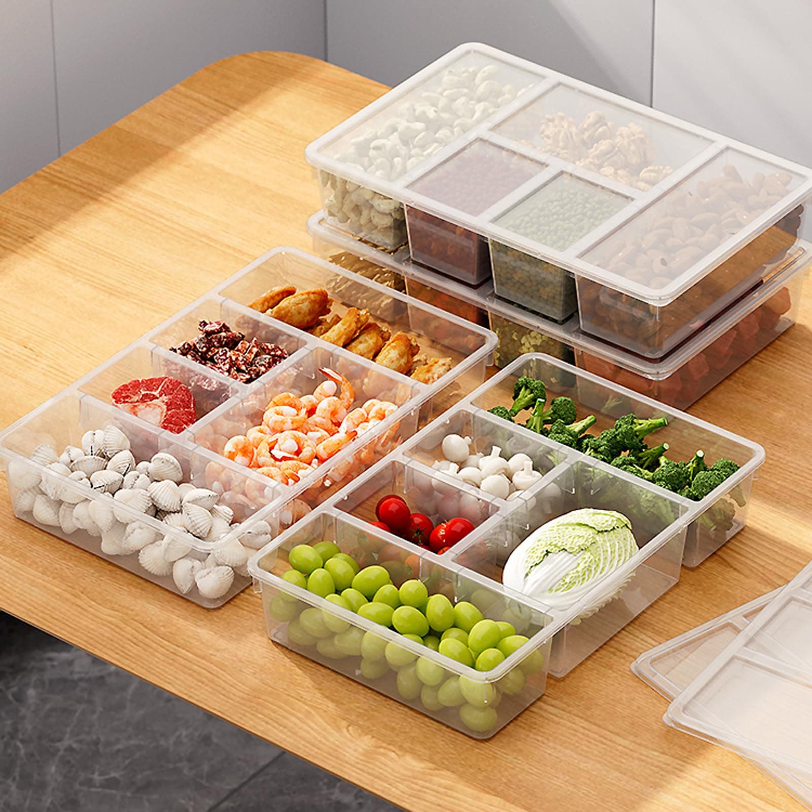 MANO 2 Pack Divided Veggie Tray with Lid - 5 Compartment Clear Snack Containers for Fridge, Stackable Produce Saver Storage for Fruits, Vegetables, Meat & Fish