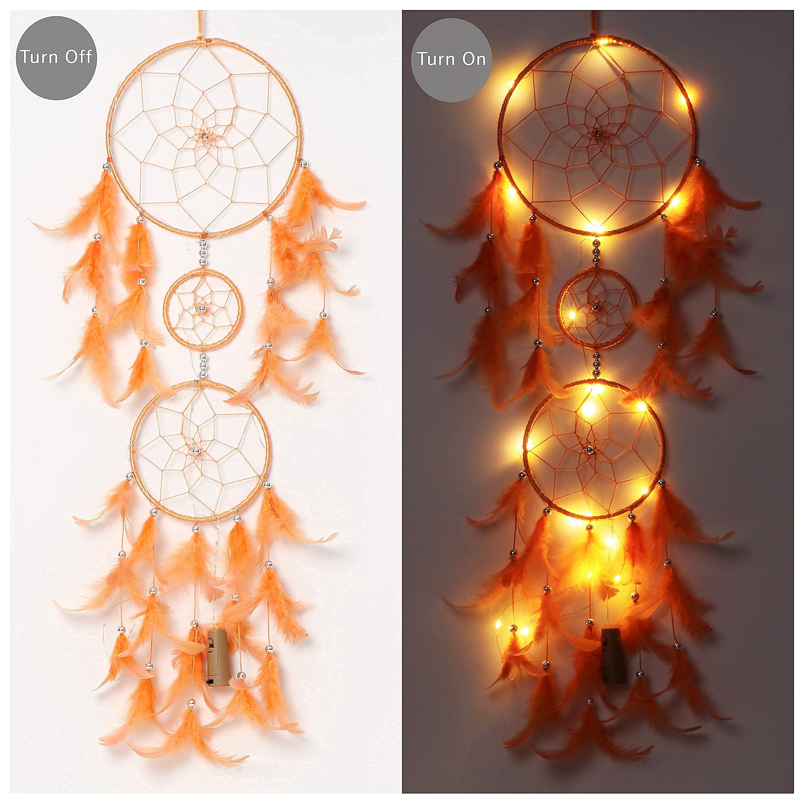ILU ® Beads and Feathers made Wall Hanging Dream Catcher with Lights for Home décor (Orange Feathers, 17 cm Diameter)