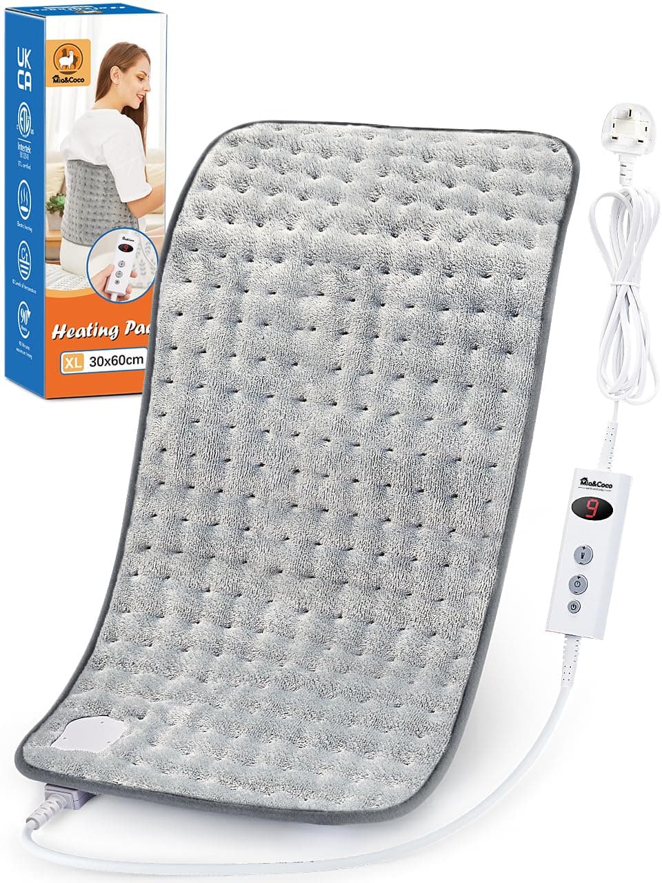 Electric Heating Pad for Back Neck Shoulders, Heat Pad with Auto Shut Off in 90 min,10 Heat Level Settings, Fast Heated Pad 100% Soft Comfortable Polyester, Machine Washable (30x60cm) Grey