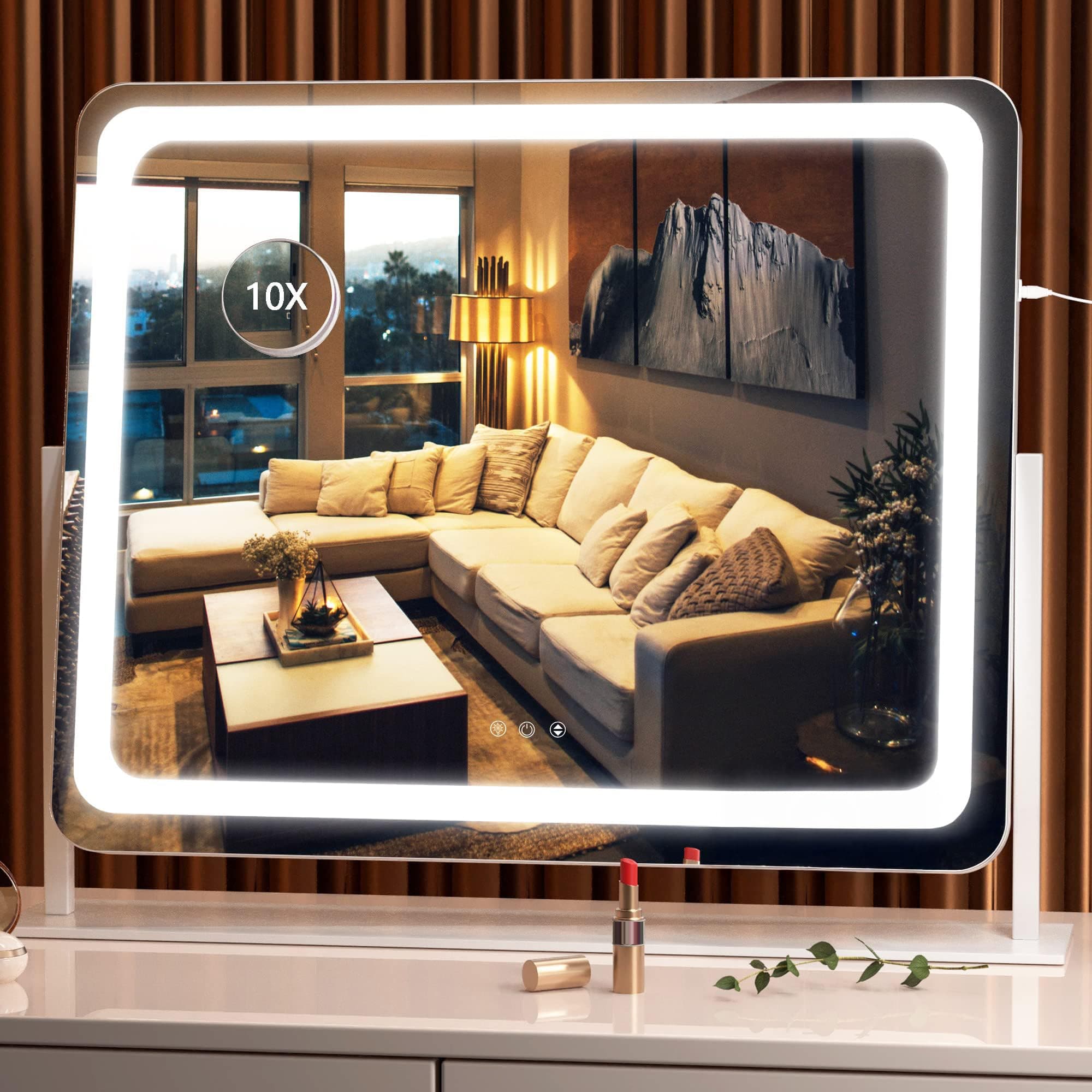 – Hasipu Vanity Mirror with Lights, 58 x 48cm LED Make up Mirror, Light up Mirror with 10X Magnification and Brightness Adjustment, 3 Color Dimmable, Smart Touch & 360° Rotation, Round White