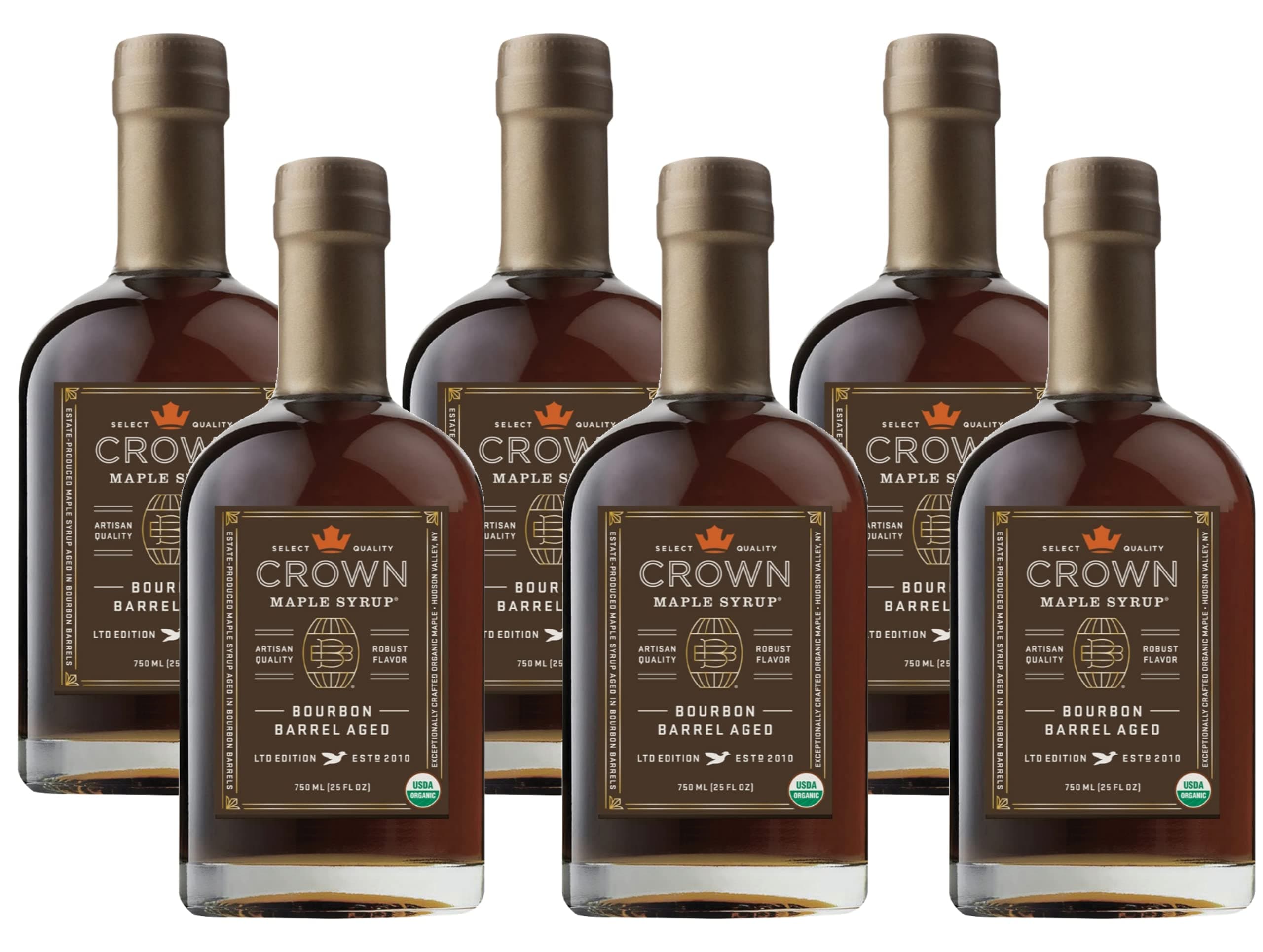 Crown Maple Bourbon Barrel Aged Organic Maple Syrup, 100% Pure, Grade A, Gluten Free, No Preservatives, Non-GMO Pancake and Breakfast Topping, 25 Fl Oz (Pack of 6)