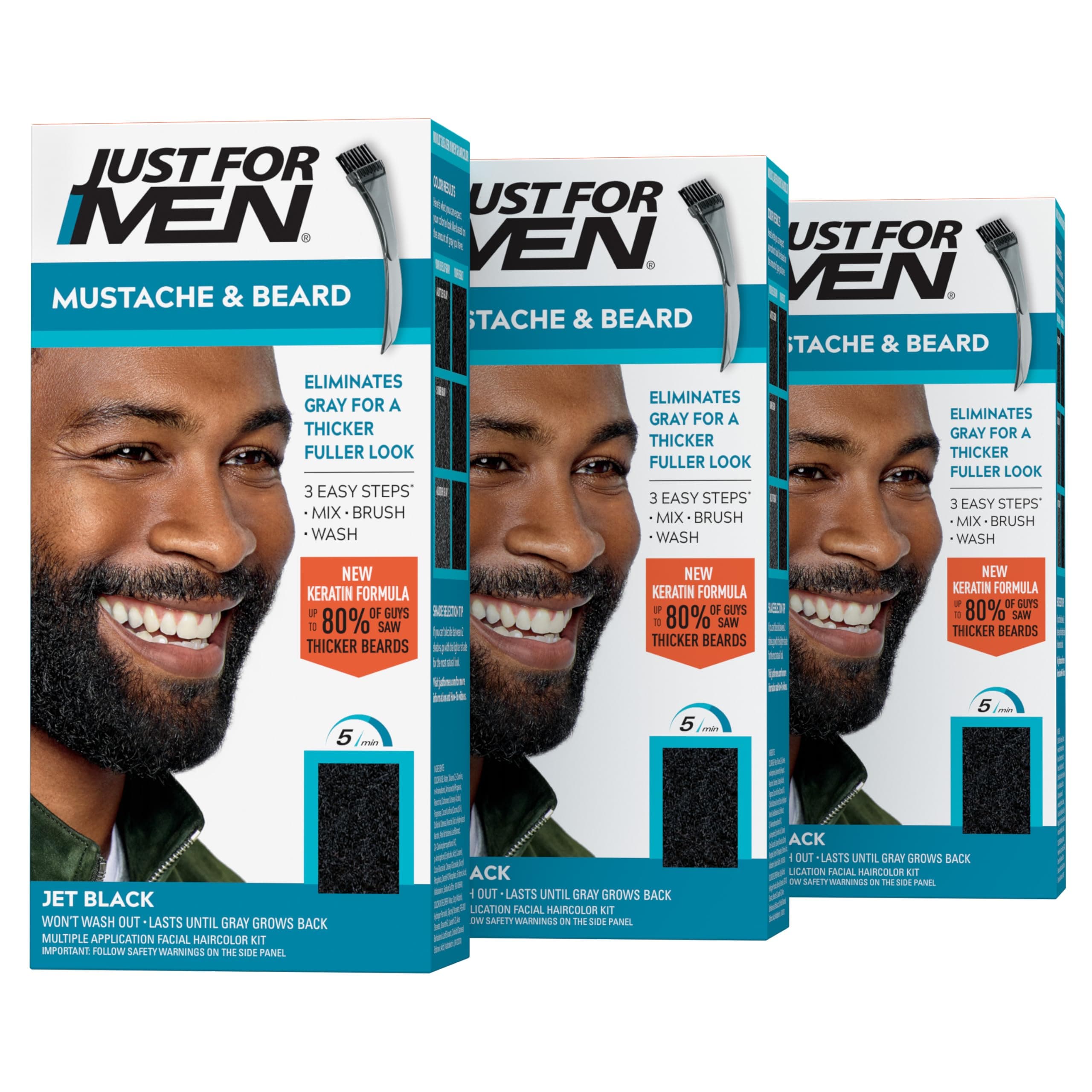 Just For Men Mustache & Beard, Beard Coloring for Gray Hair with Brush, With Keratin Biotin Aloe and Coconut Oil for Healthy Facial Hair - Jet Black, M-60, Pack of 3 (Packaging May Vary)