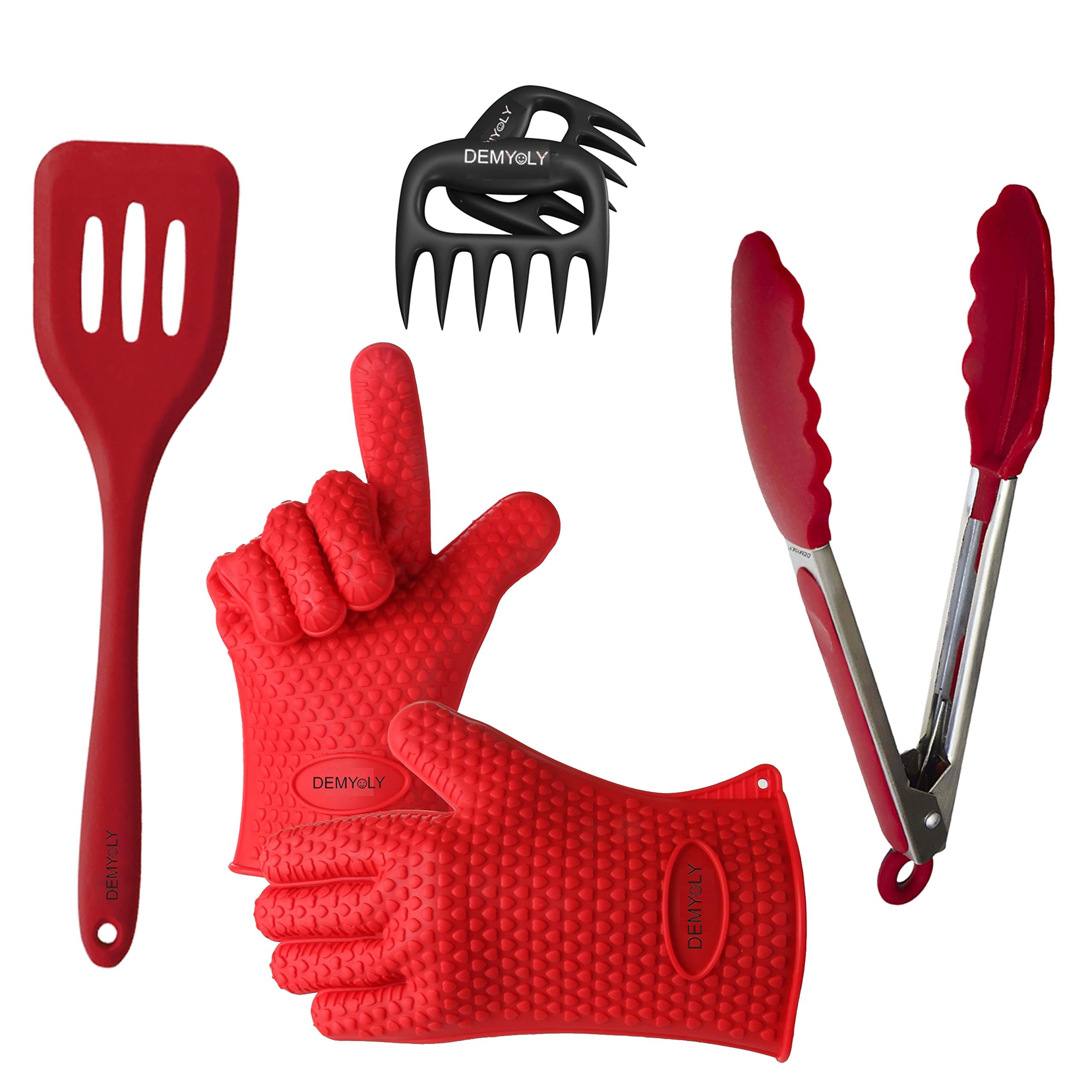 Kitchen & BBQ Tool Set- Heat Resistant Silicone Gloves for Cooking, Grilling Barbecue, Baking. Durability For Temperatures Up To 425 F° includes Tongs with Silicone Tips-Meat Claws-Silicone Spatula