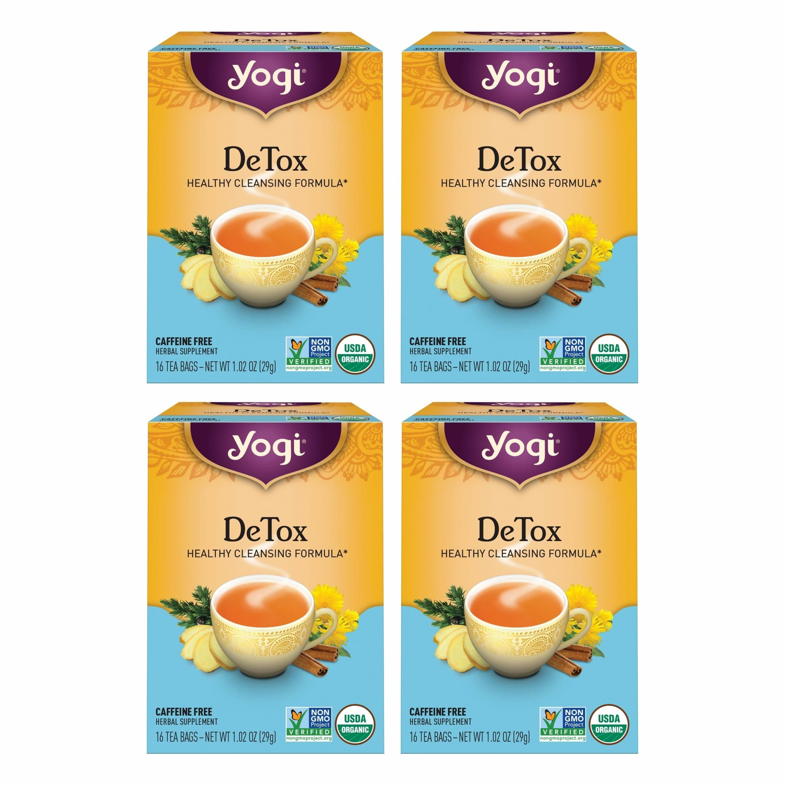 Yogi Tea DeTox Tea - 16 Tea Bags per Pack (4 Packs) - Organic Detox Tea for Digestive & Circulation Support - Includes Burdock, Dandelion, Ginger Root, Black Pepper, Cardamom & Juniper Berry
