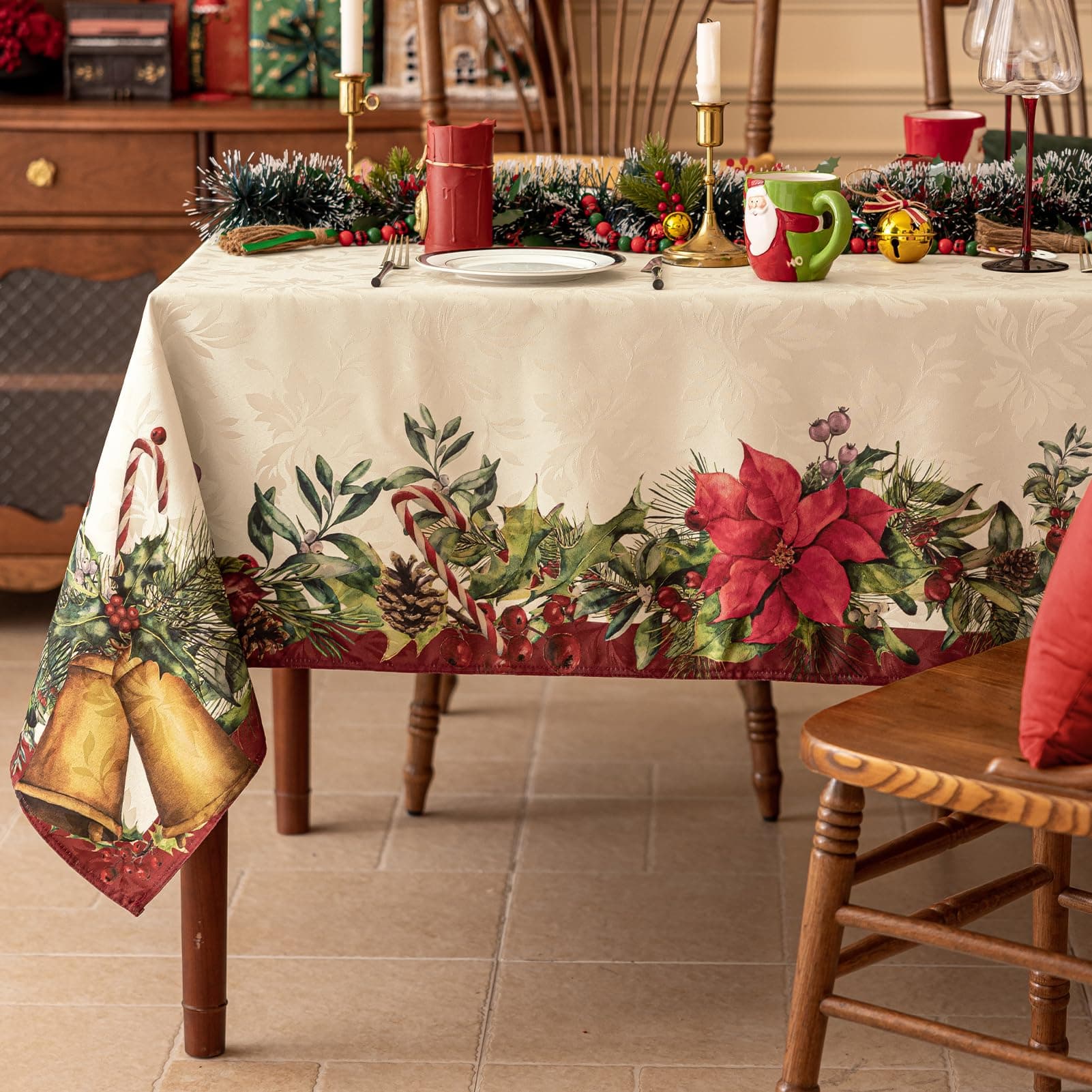 Softalker Christmas Rectangle Jacquard Tablecloth with Red Flower, Polyester Poinsettia Vintage Floral Printed Table Cloth for Xmas Party Decoration/Holiday (60x84 Inch)
