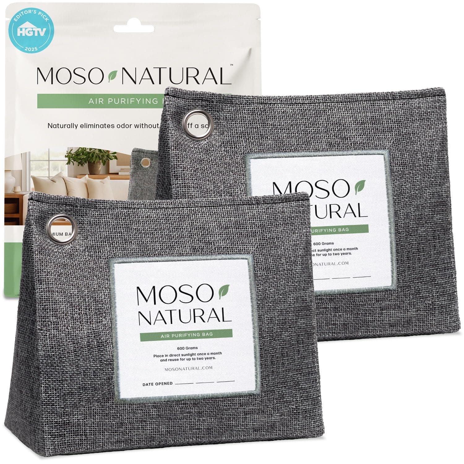 Moso Natural Air Purifying Bag 600g (2 Pack). A Scent Free Odor Eliminator for Kitchens, Bedrooms, Living Rooms, Pet Areas. Premium Moso Bamboo Charcoal Odor Absorber. Freestanding Design.