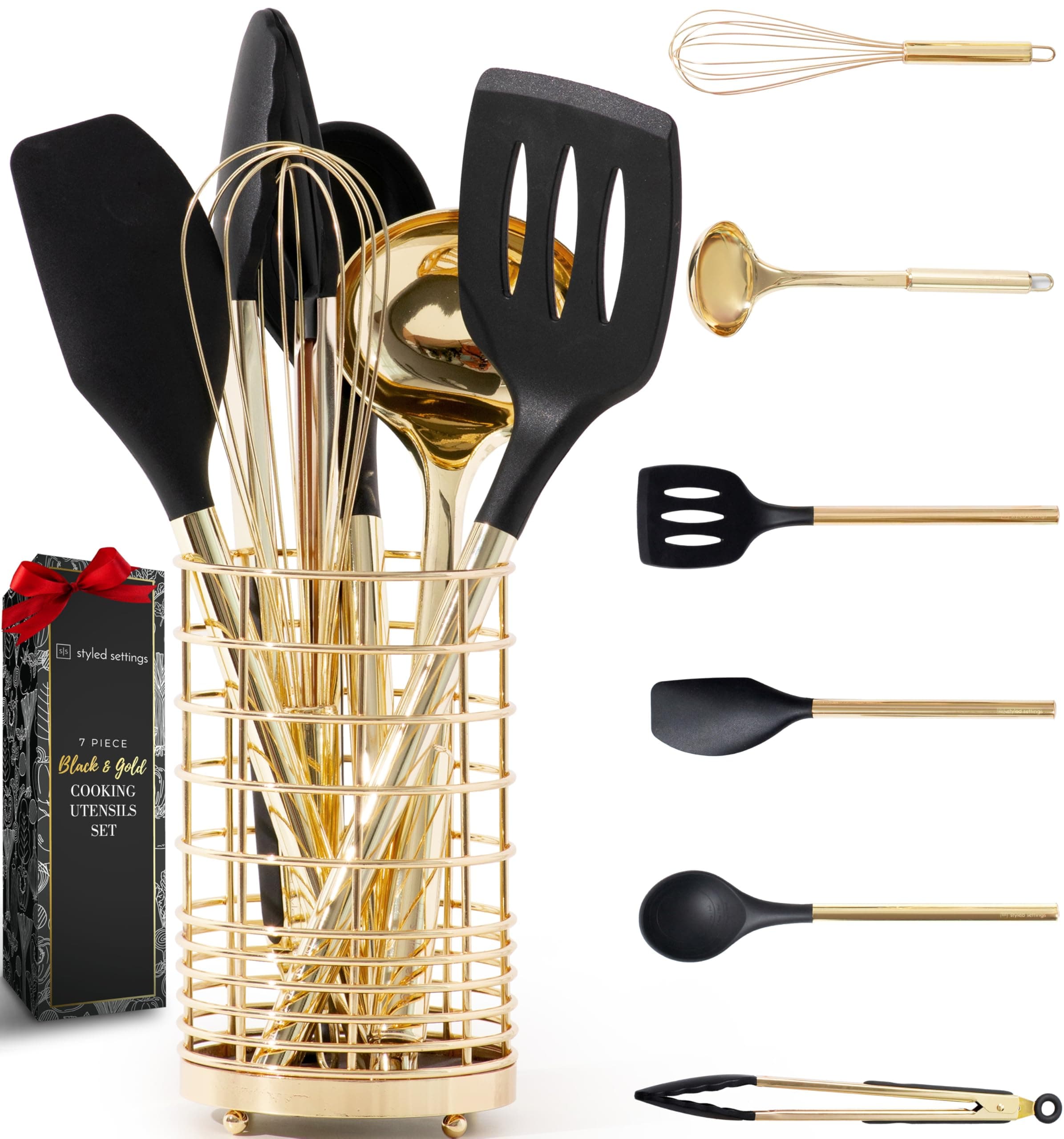 Styled Settings Black and Gold Cooking Utensils Set - 7-Piece Silicone Utensils Set Include Spatula Holder for Nonstick Cookware and Modern Kitchens - Stylish Black and Gold Kitchen Accessories