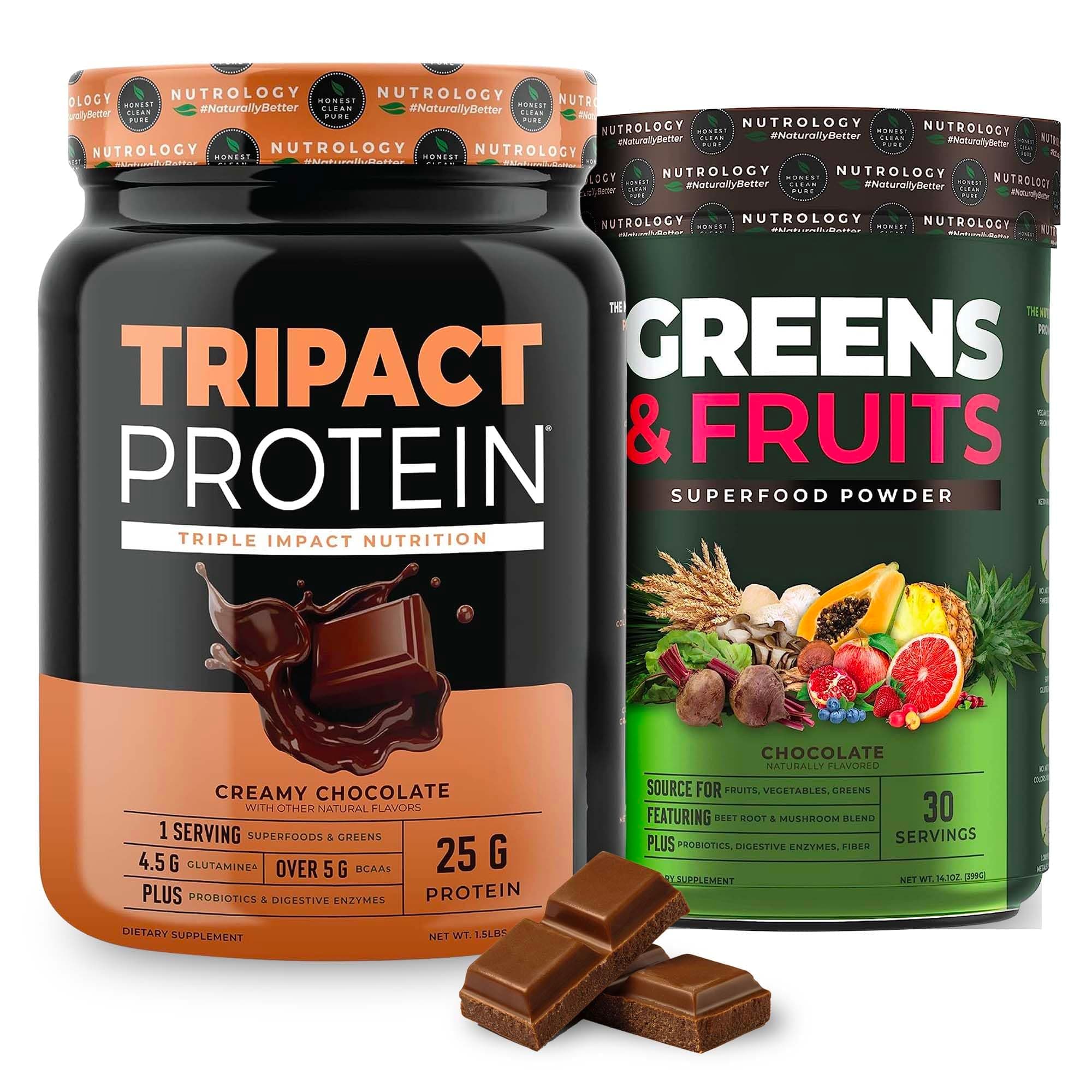 NutrologyTripact Protein and Greens & Fruit Bundle - Premium Nutrition Shake - Non-GMO Grass Fed Whey Protein, Naturally Sourced Fruits, Vegetables, Greens - Chocolate