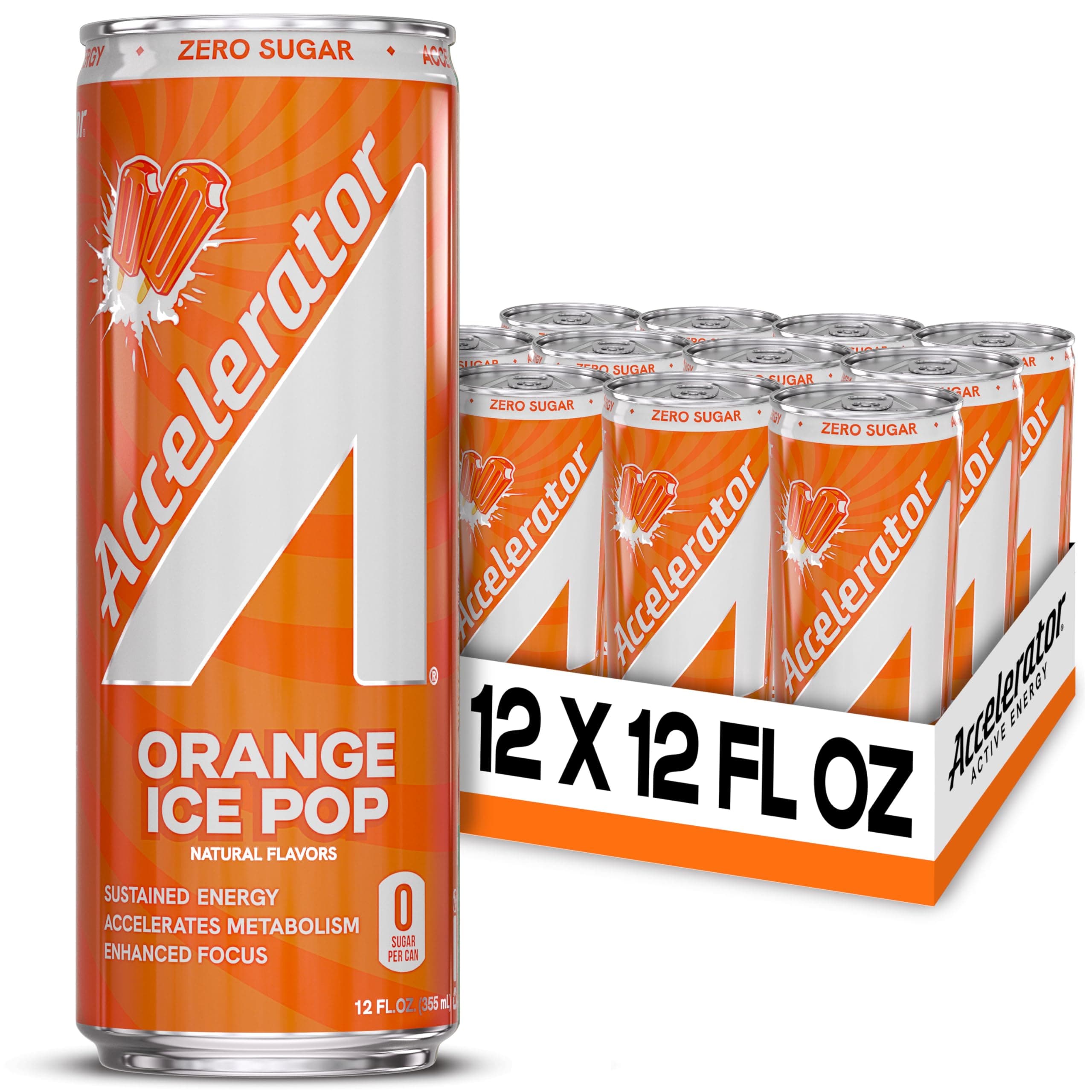 Accelerator Energy Drink, Orange Ice Pop 12oz can (12 pack), Zero Sugar, Sustained Energy from 100% Natural Caffeine (200mg from Green Coffee Bean & Green Tea extract)