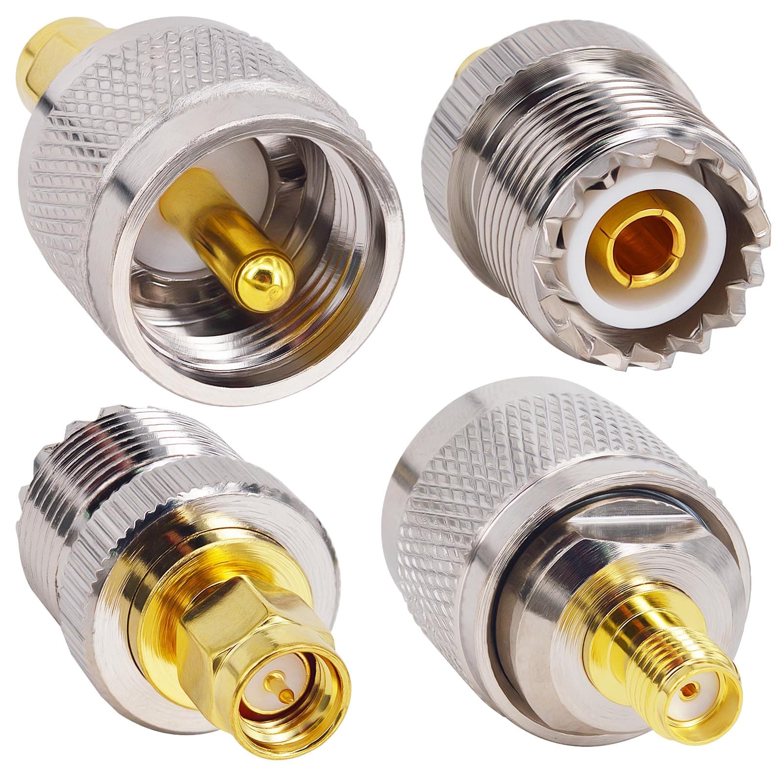 onelinkmore SMA to UHF Adapter Kit (4-Pack), SMA Male/Female to SO239/PL259 Connectors,Coaxial Converter for Baofeng UV-5R Yaesu Kenwood Handheld Radio to Base/Car Antenna, 50 Ohm Low Loss