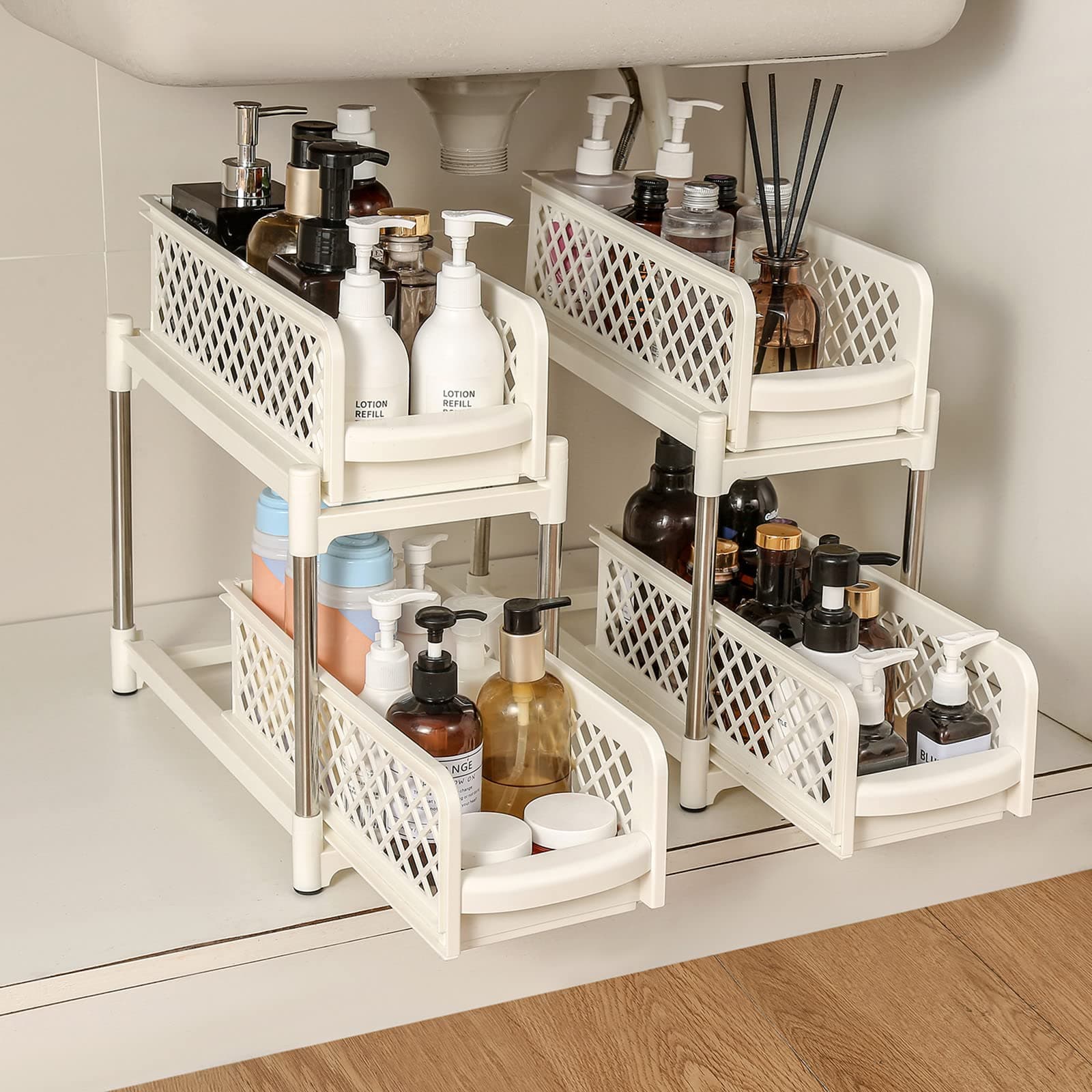 Sunview Bathroom Organizer 2PCS, Under Sink Organizers and Storage,2Tier Pull Out Cabinet Organizer,Sliding Cabinet Organizers with Storage Drawers for Bathroom Kitchen Countertop Narrow Space (White)