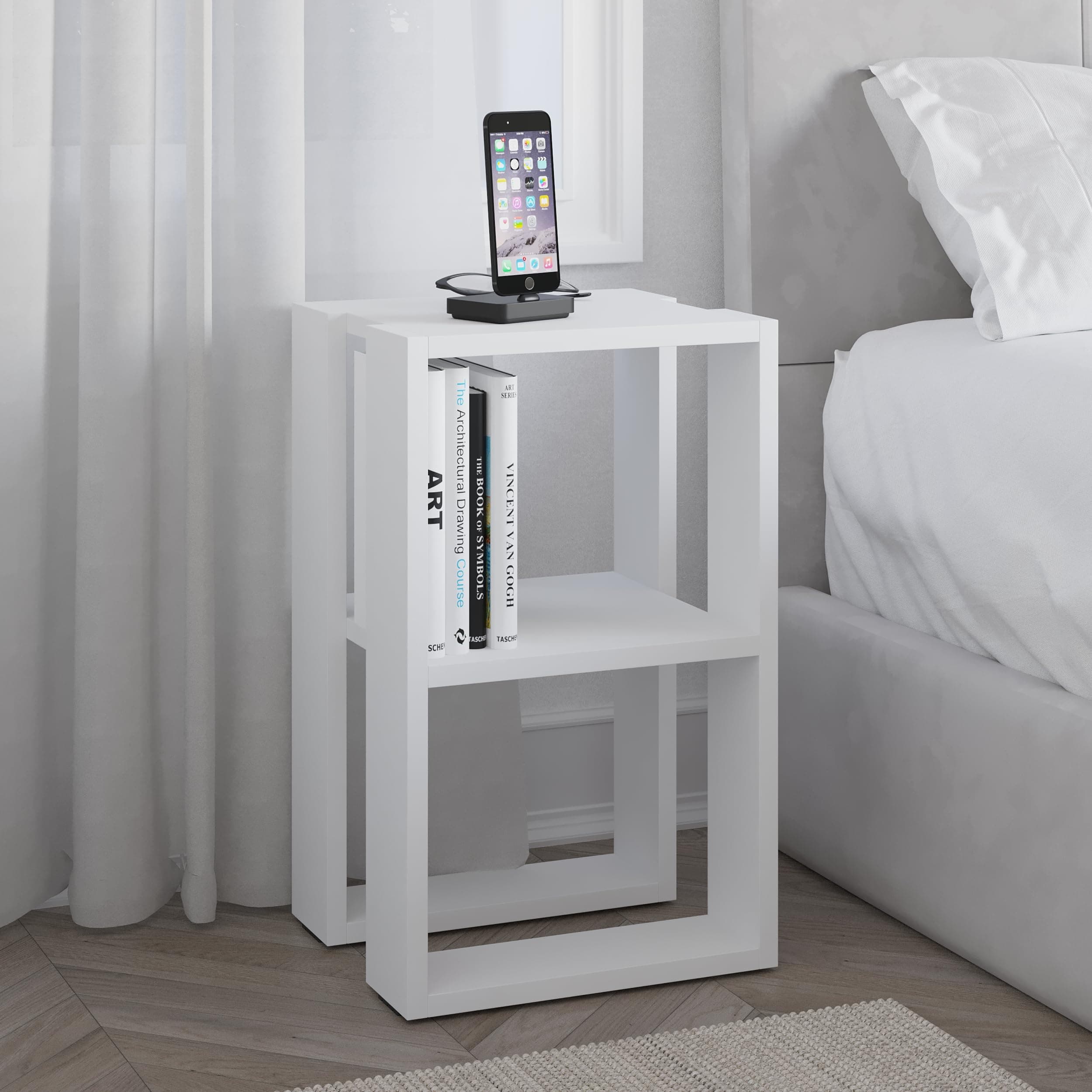HOCUS PICUS Modern Nightstand Bedside Table | Stylish Multi-Functional Side Table for Bedroom, Living Room, Office | 2-Tier Lamp Holder & Coffee Table | Easy to Assemble | 30 x 34 x 55 cm (White)