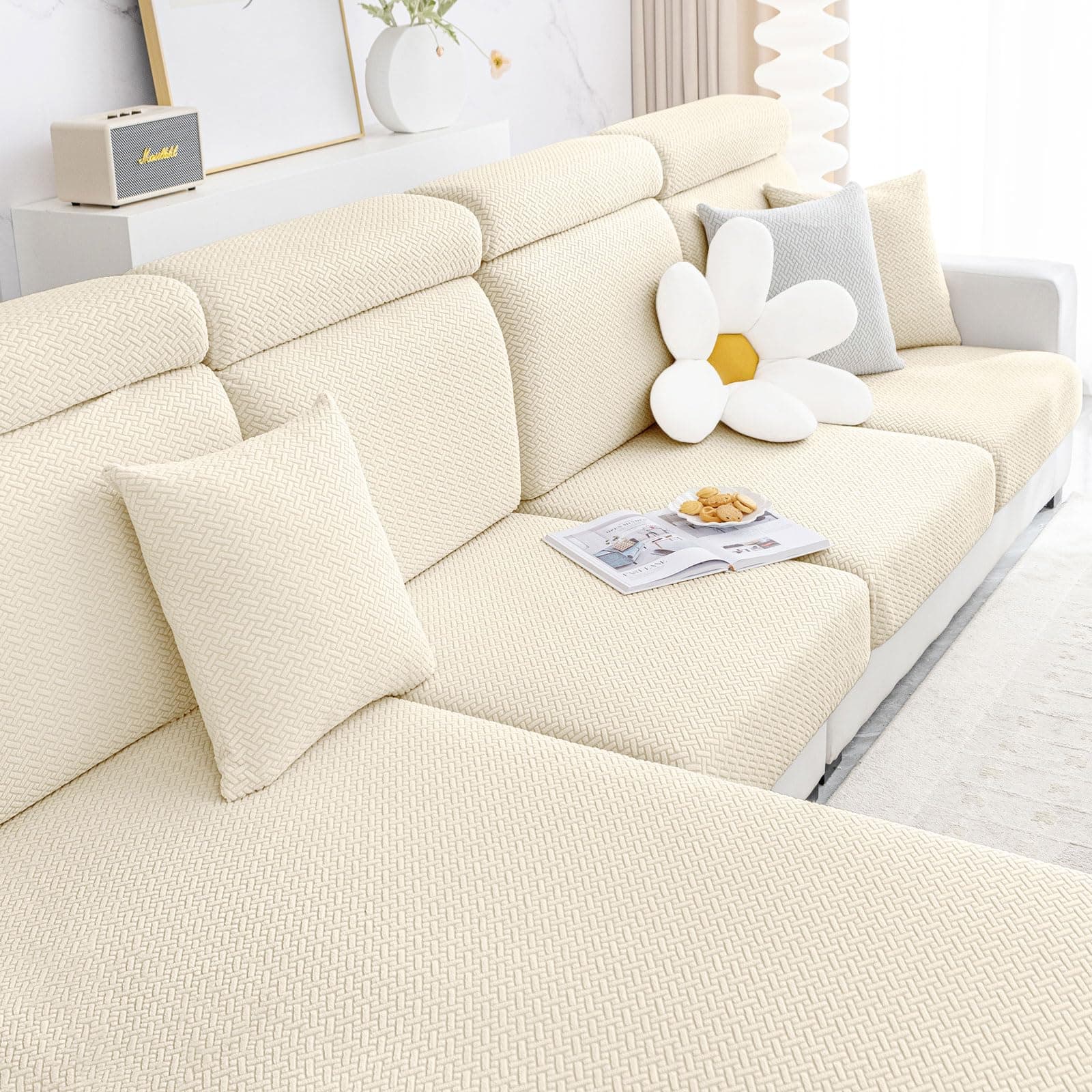 Smiry Waterproof Couch Cushion Covers, Stretch Jacquard Thick Sofa Cushion Covers, Washable Seat Slipcover Elastic Furniture Protector for Pets, Kid (2PC, Beige)