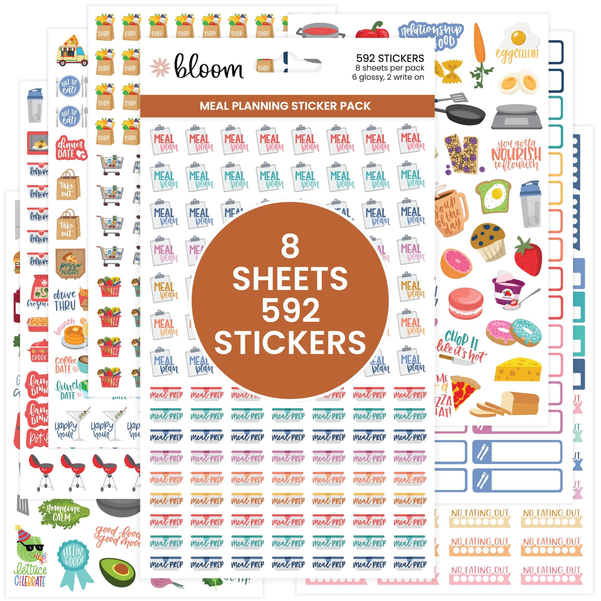 Meal Planning Stickers - 8 Sheets / 592 Stickers - Essential Variety Pack for Menu Prepping, Grocery Shopping, Food & Diet Tracking - Colorful Quotes, Illustrations & Icons