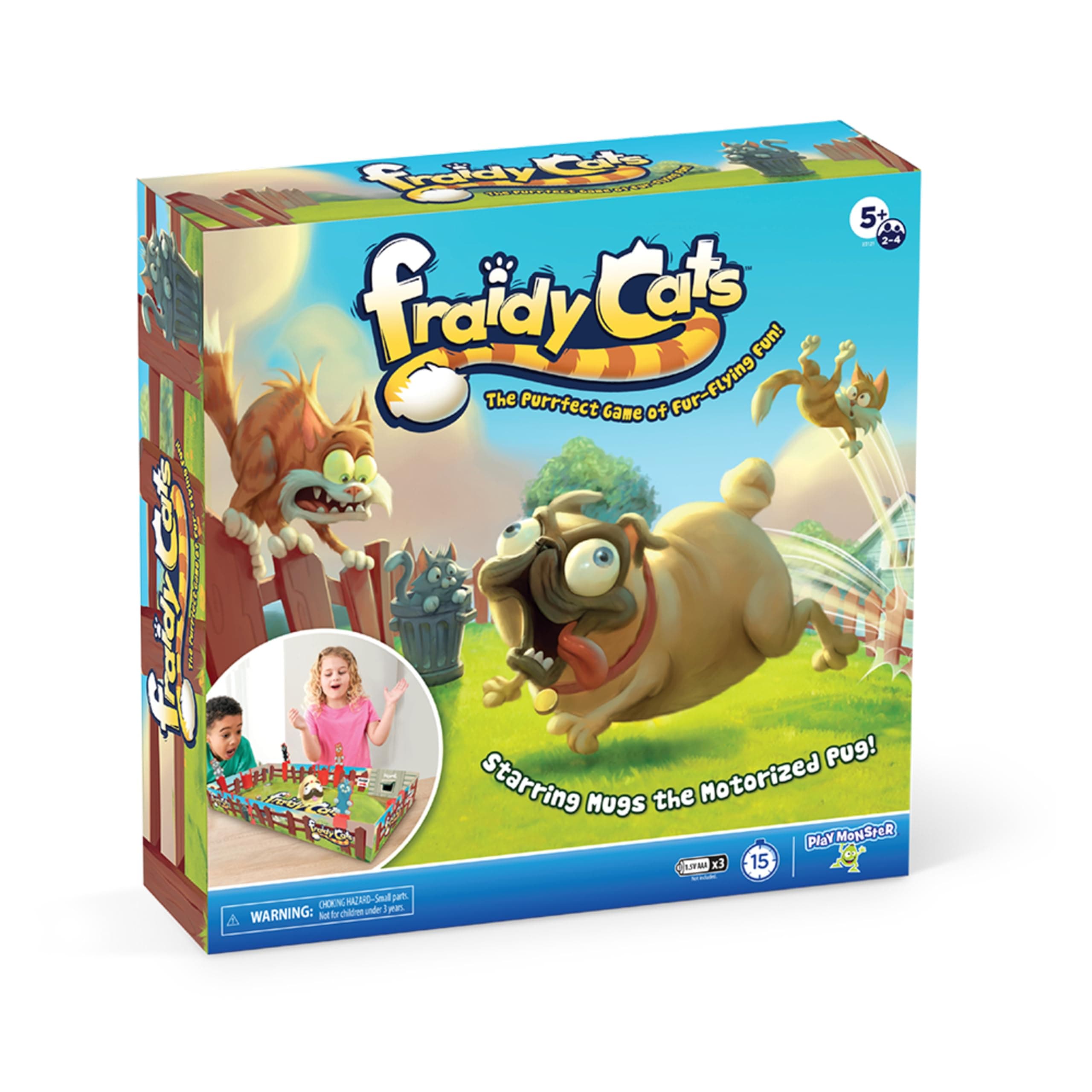PlayMonster Fraidy Cats - Interactive Kids Board Game - Cat Movers Go Flying with Motorized Dog - Play with 2 to 4 Players - for Kids Ages 5 and Up