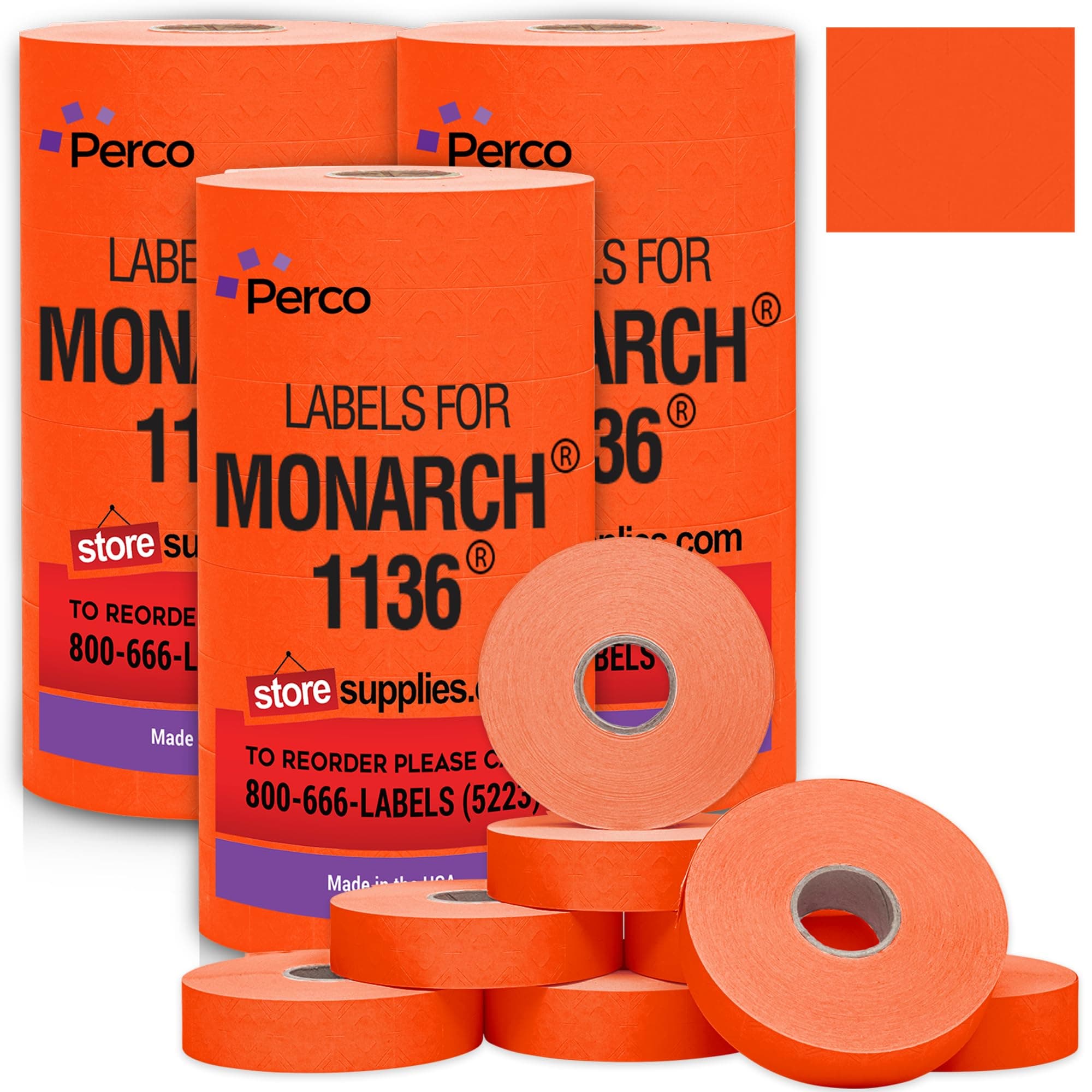 Perco Fluorescent Red Pricing Labels for Monarch 1136 Price Gun – 3 Sleeves, 24 Rolls Value Pack - 42,000 Price Marking Labels – with Ink Rolls Included