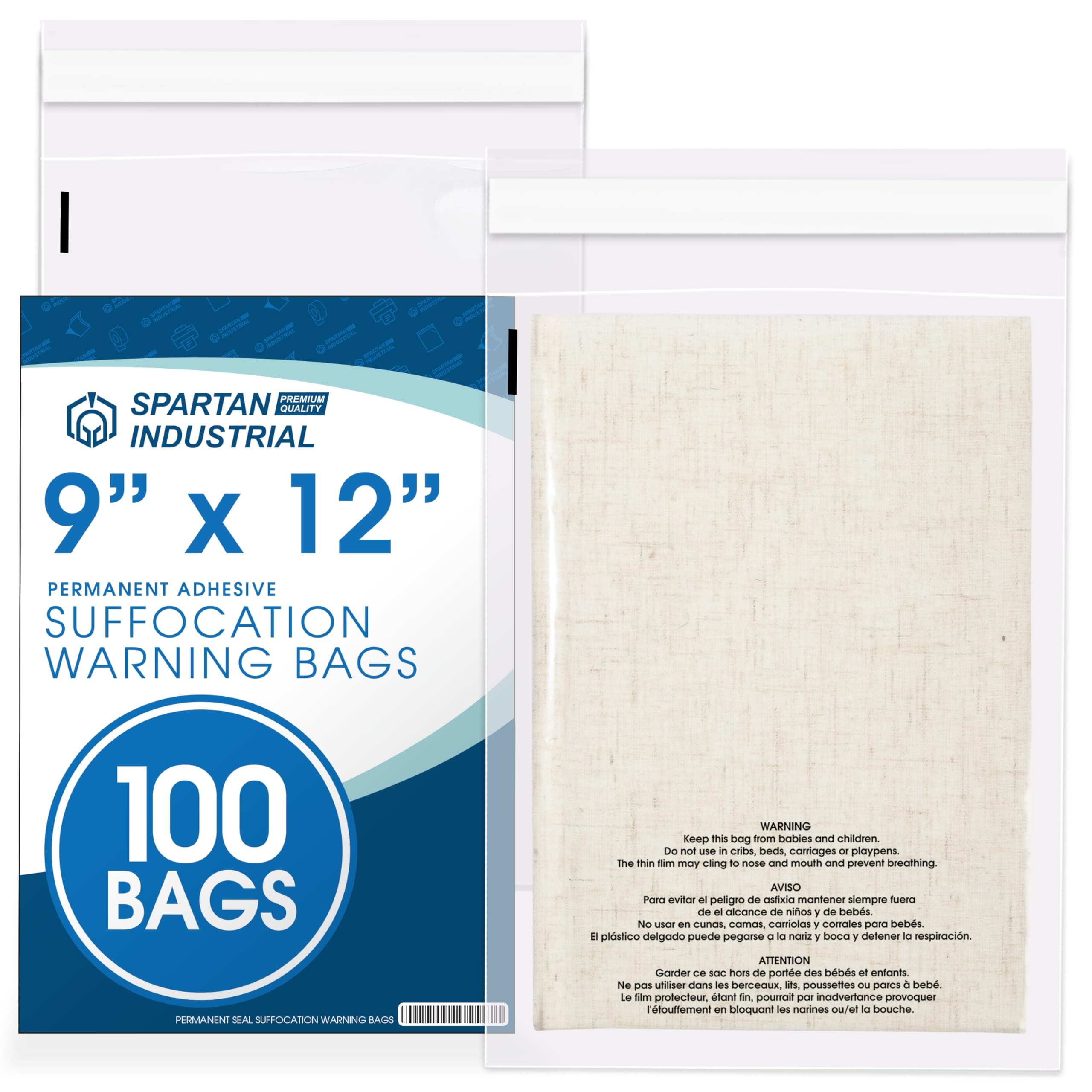 Spartan Industrial - 9" X 12" (100 Count) Self Seal Clear Poly Bags with Suffocation Warning for Packaging, T Shirts - Permanent Adhesive