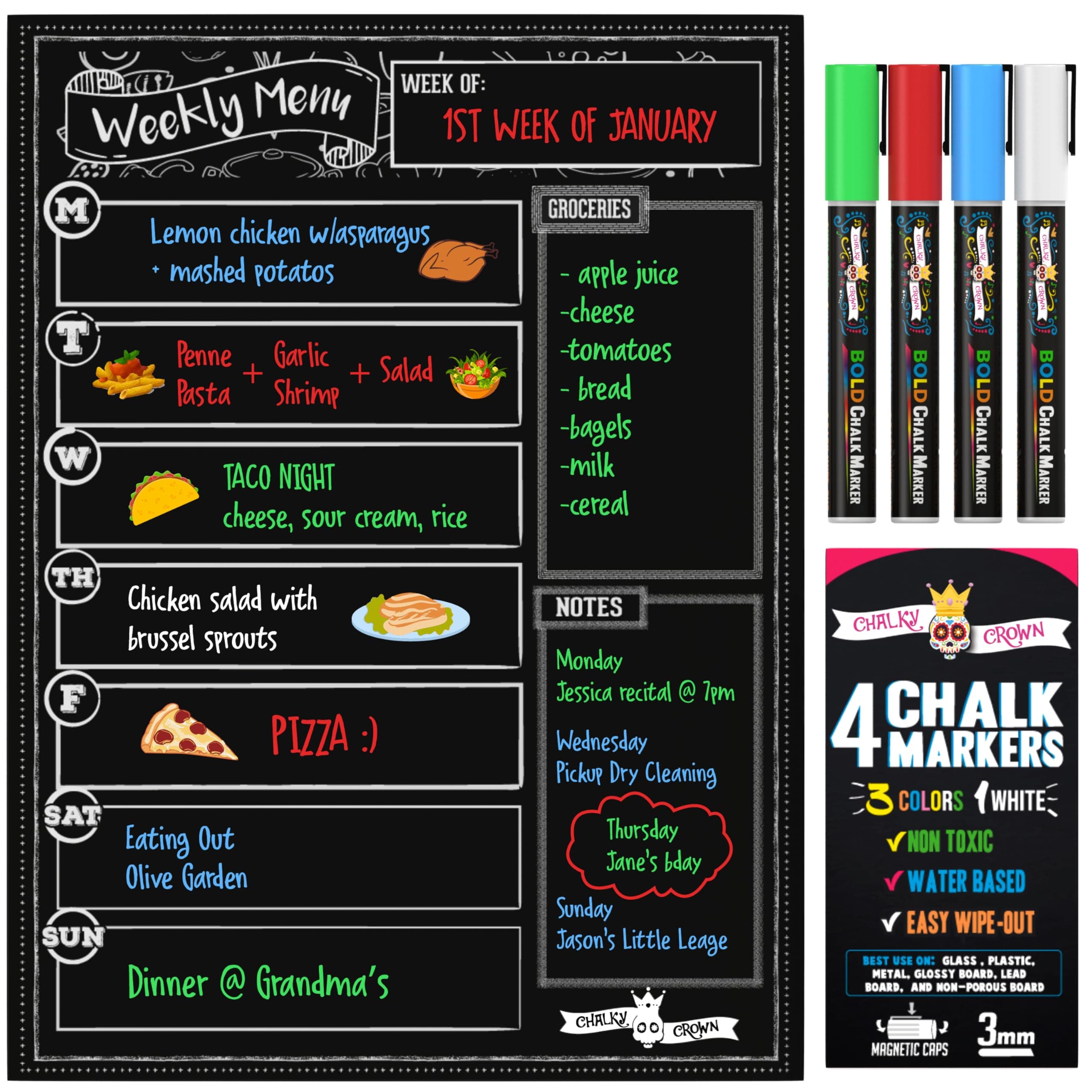 CHALKY CROWN Magnetic Dry Erase Menu Board for Fridge Includes 4 Liquid Chalk Markers - Weekly Meal Planner Blackboard, Grocery List & Notepad for Kitchen Refrigerator - Chalkboard Magnet 15.6" x11.6