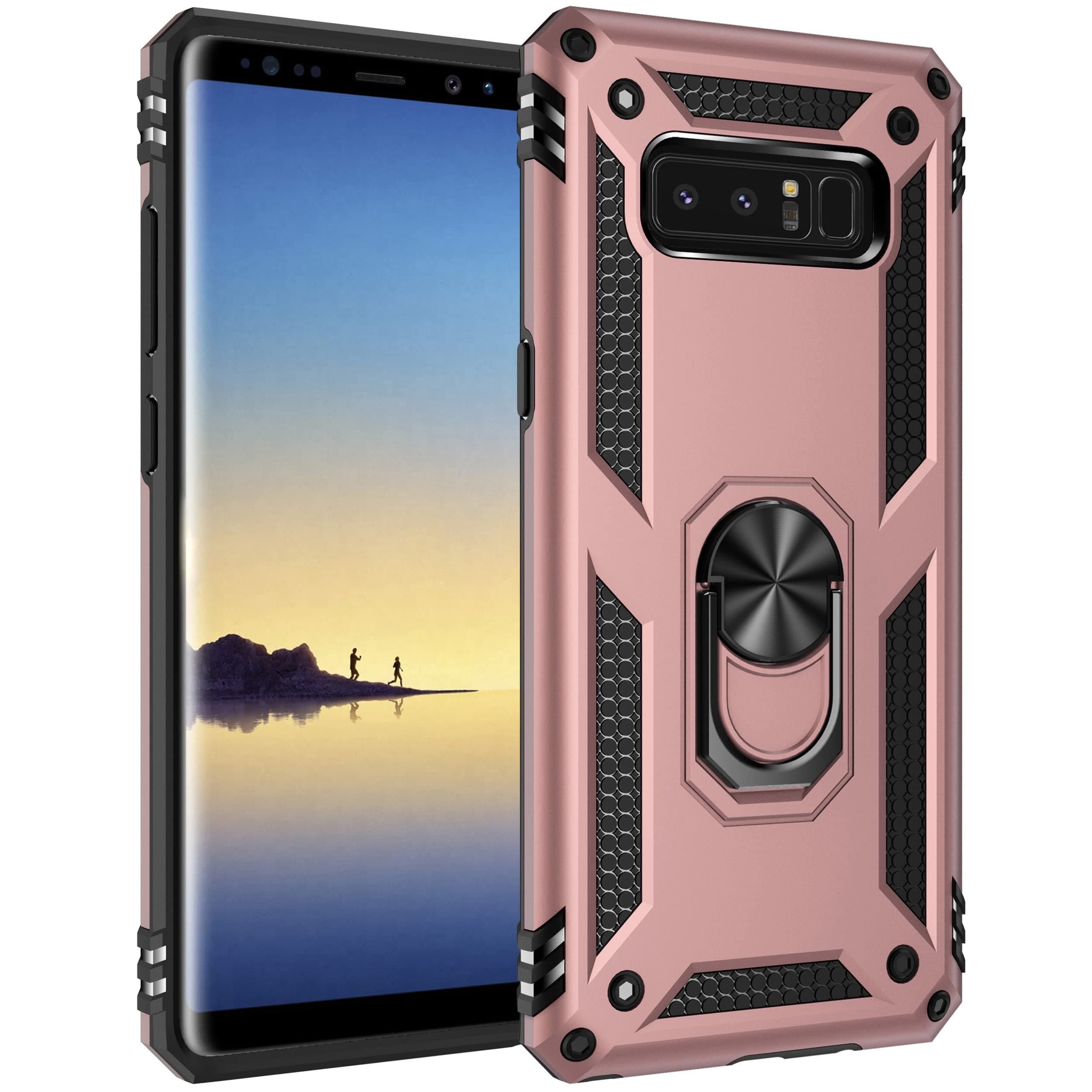 Military Grade Drop Impact for Samsung Galaxy Note 8 Case 360 Metal Rotating Ring Kickstand Holder Built-in Magnetic Car Mount Armor Shockproof for Galaxy Note 8 Phone Case (Rose Gold)