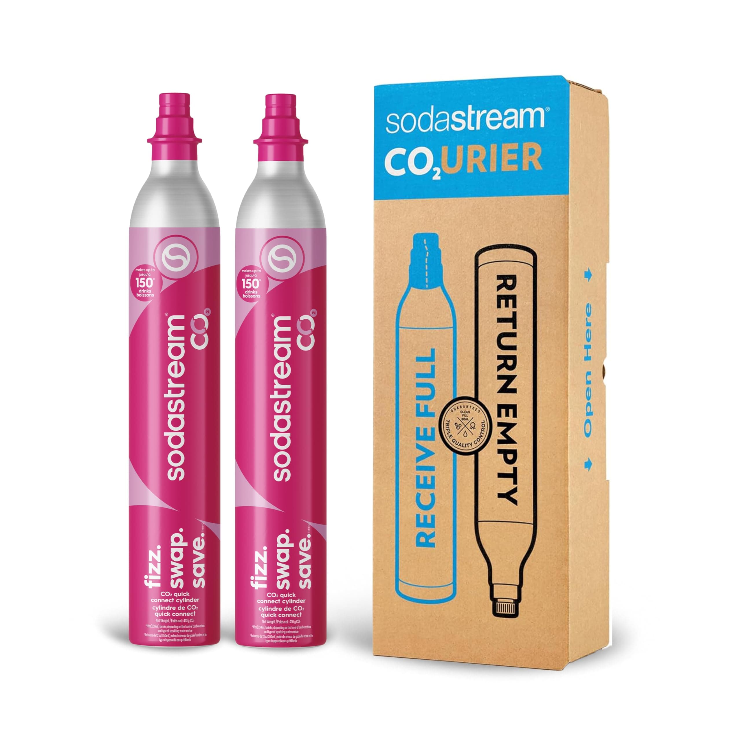 SodaStream CO2 Gas Refill Pack - 2 Cylinders, Pink CQC System - Use box to return your empty cylinders and earn an Amazon.com Gift Card - Compatible with Terra, ART, E-Terra, Aqua Fizz and others