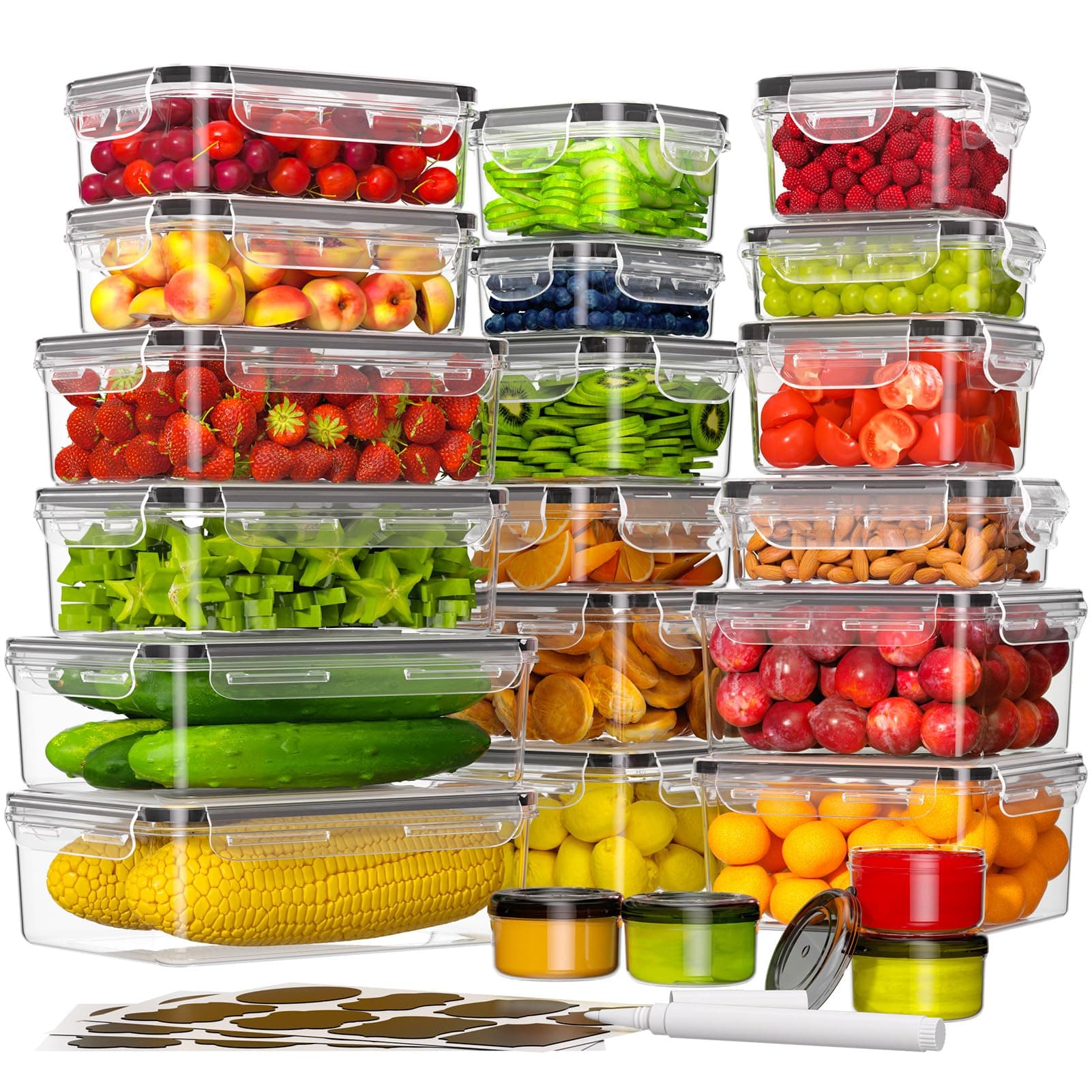 44-Piece Food Storage Containers with Lids(22 Containers & 22 Lids), Plastic Food Containers for Pantry & Kitchen Storage and Organization, BPA-Free, Leak Proof, Reusable with Labels & Pen