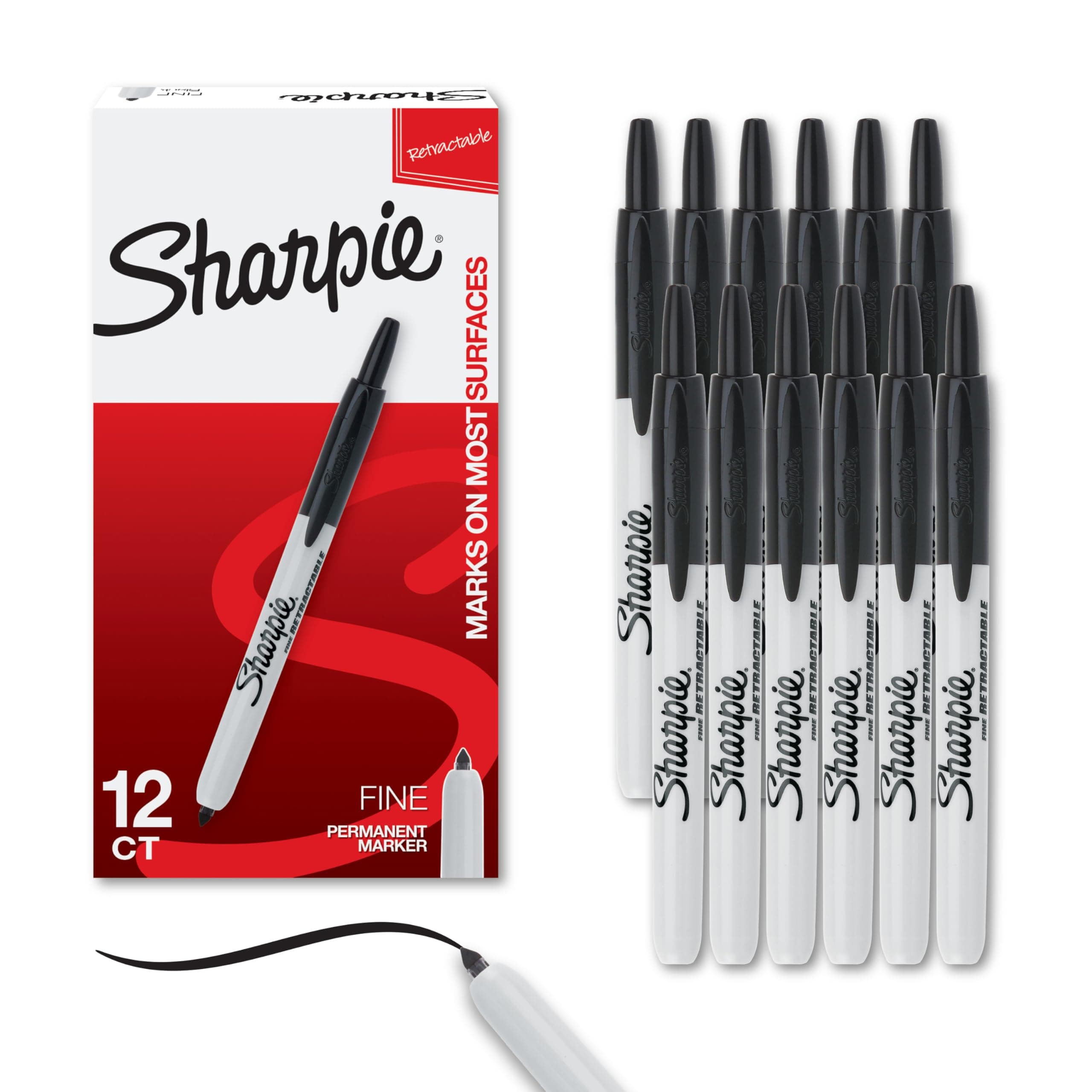 Sharpie Retractable Permanent Markers, Fine Tip, Black, 12 Count - Desk, Classroom, Office Supplies