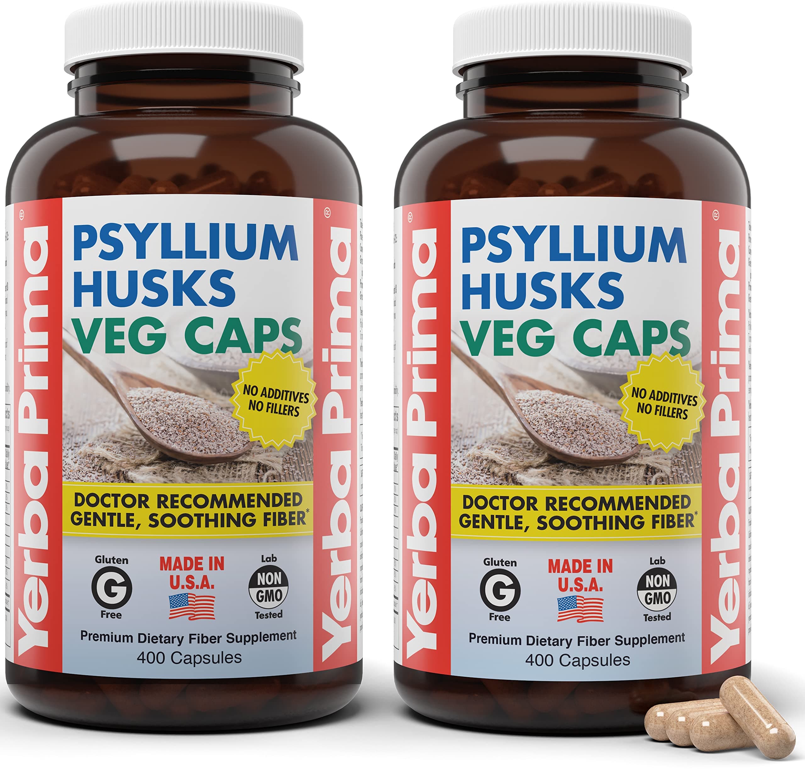 Yerba Prima Psyllium Husks Veg Caps, 400 Capsules (625mg) (Pack of 2) - Vegan, Non-GMO, Gluten Free, Colon Cleanser, Daily Fiber Supplement for Gut Health & Regularity